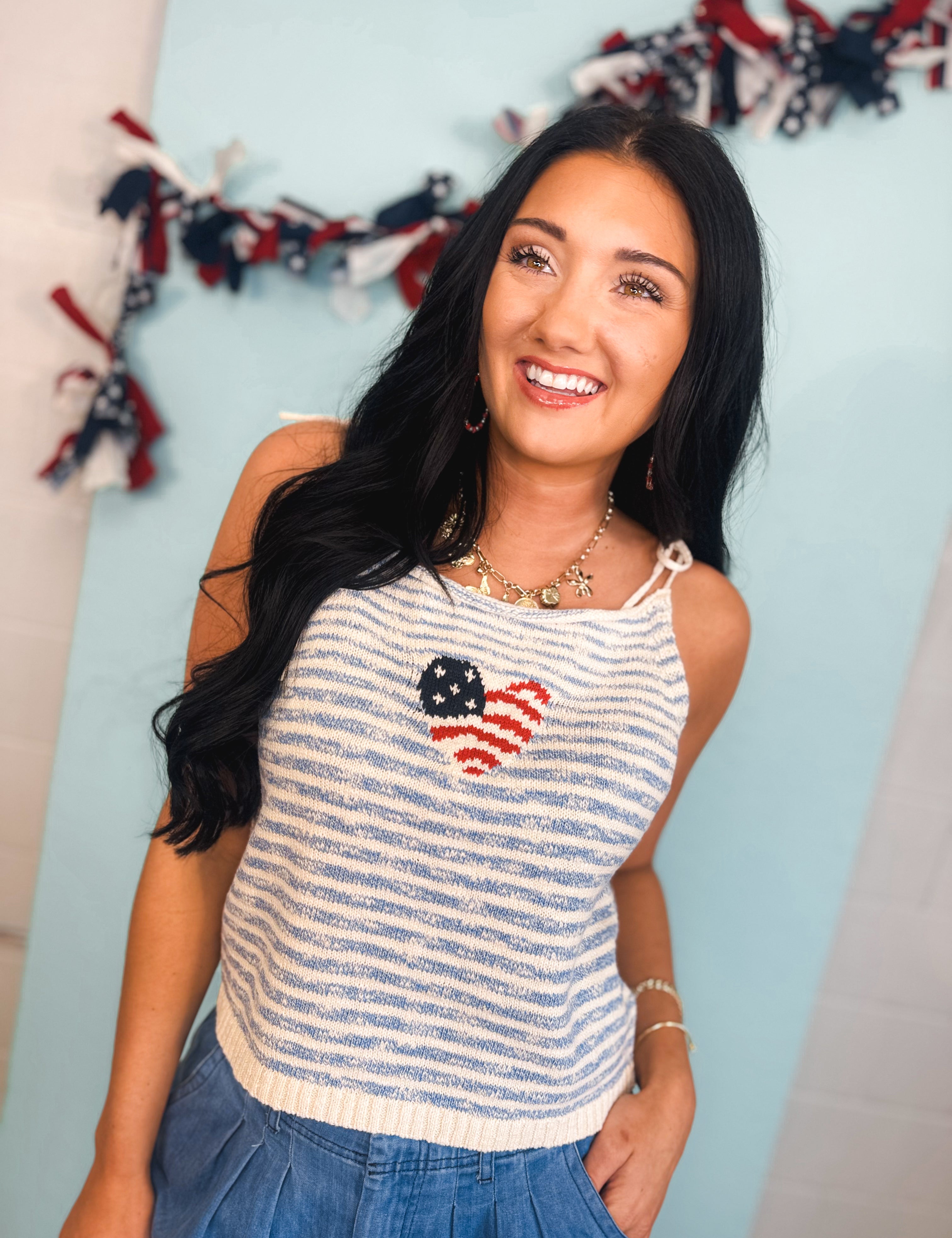 Flag Heart Sweater Tank Top - Sky - Lace and Grace Boutique
