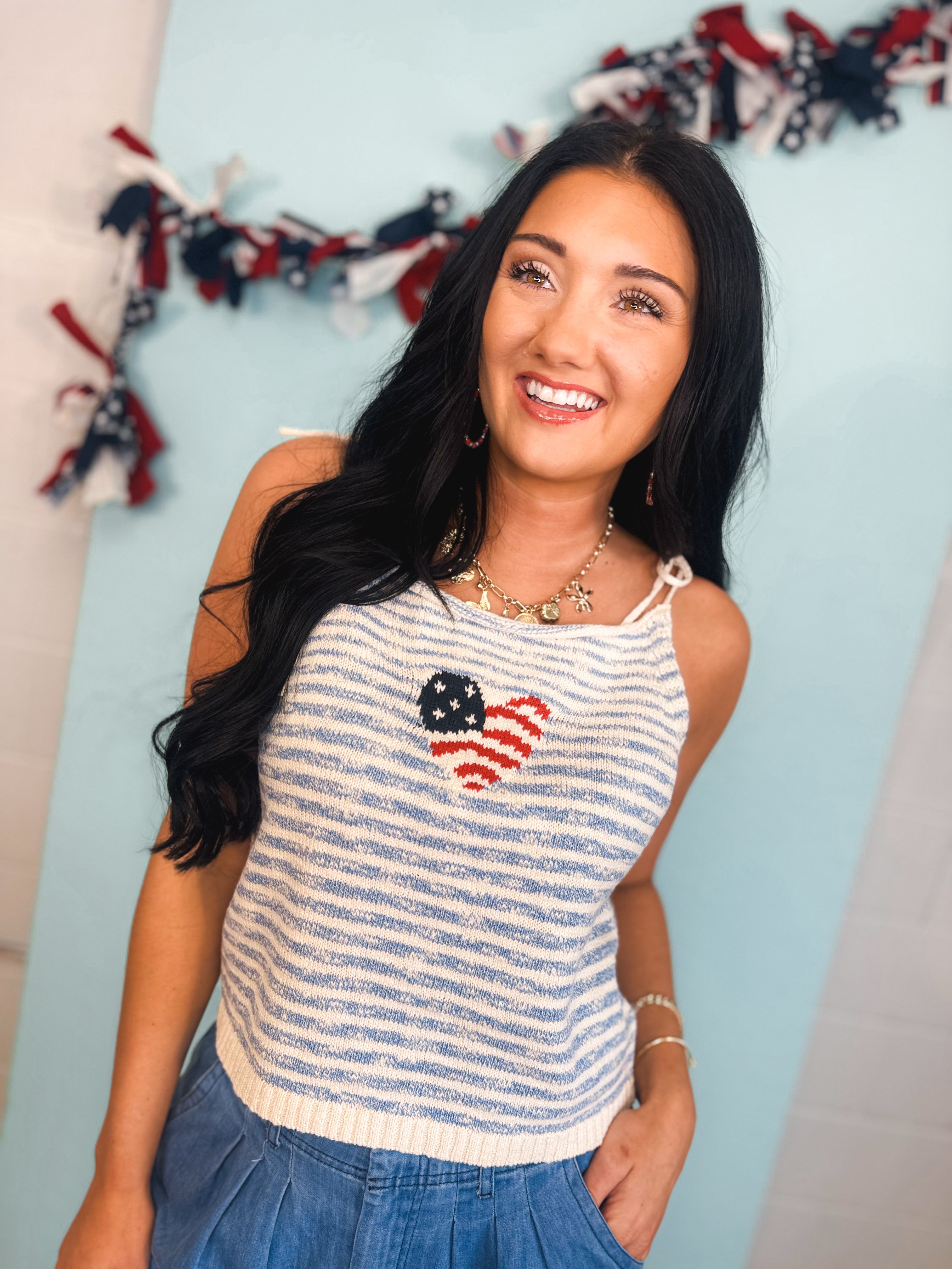 Flag Heart Sweater Tank Top - Sky - Lace and Grace Boutique