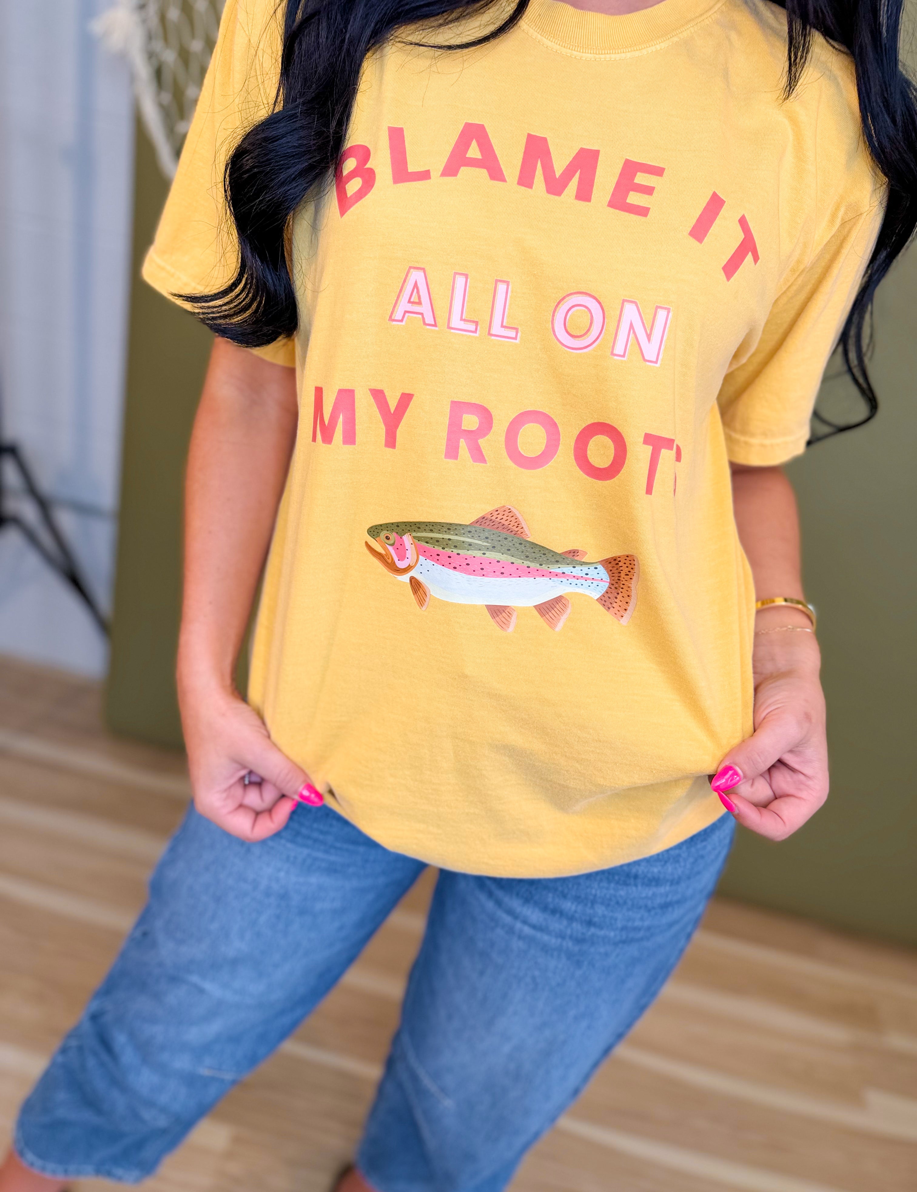 Blame It All On My Roots Trout Graphic Tee - Mustard - Lace and Grace Boutique