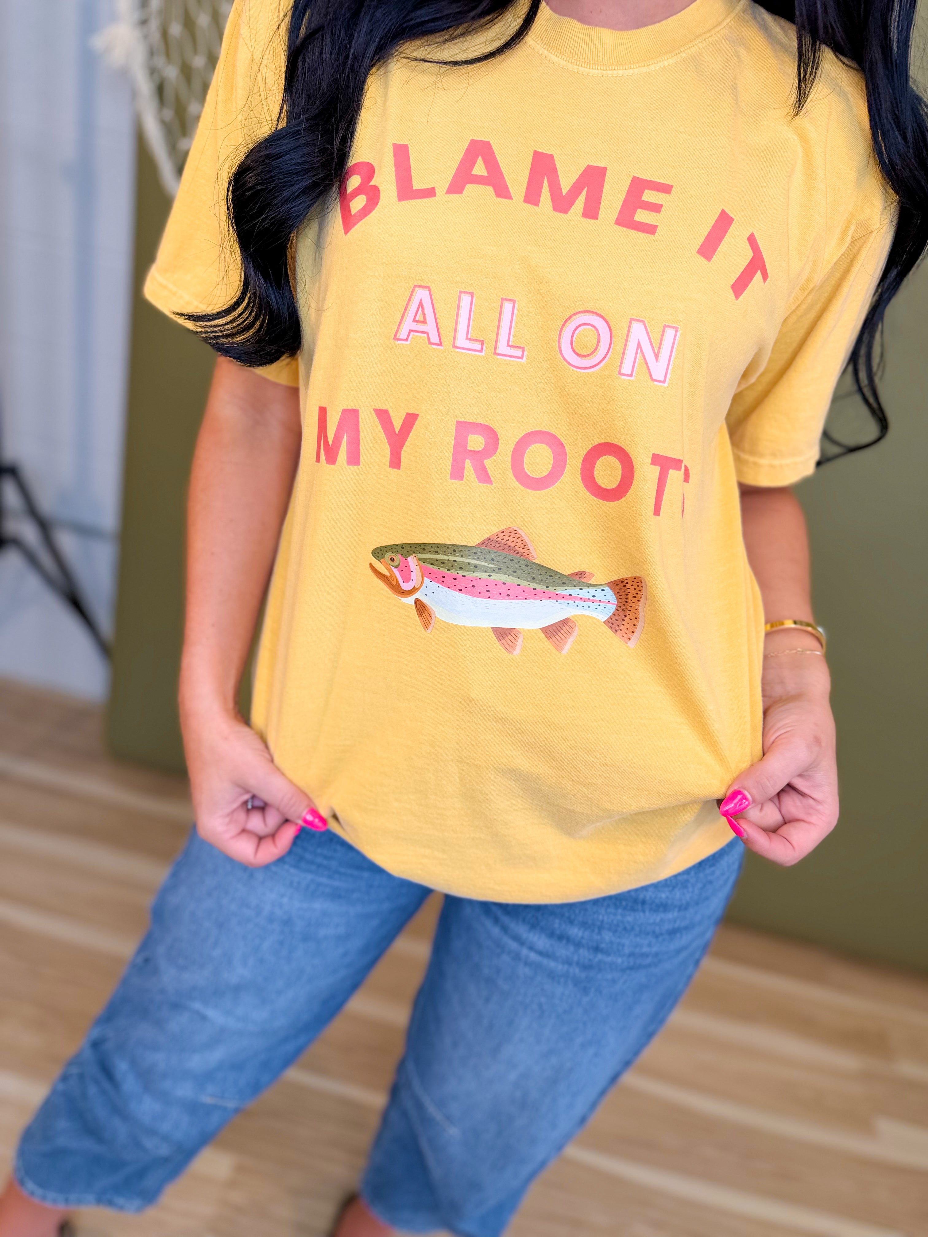 Blame It All On My Roots Trout Graphic Tee - Mustard - Lace and Grace Boutique
