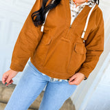 Washed Twill Half Zip Hooded Jacket - Camel