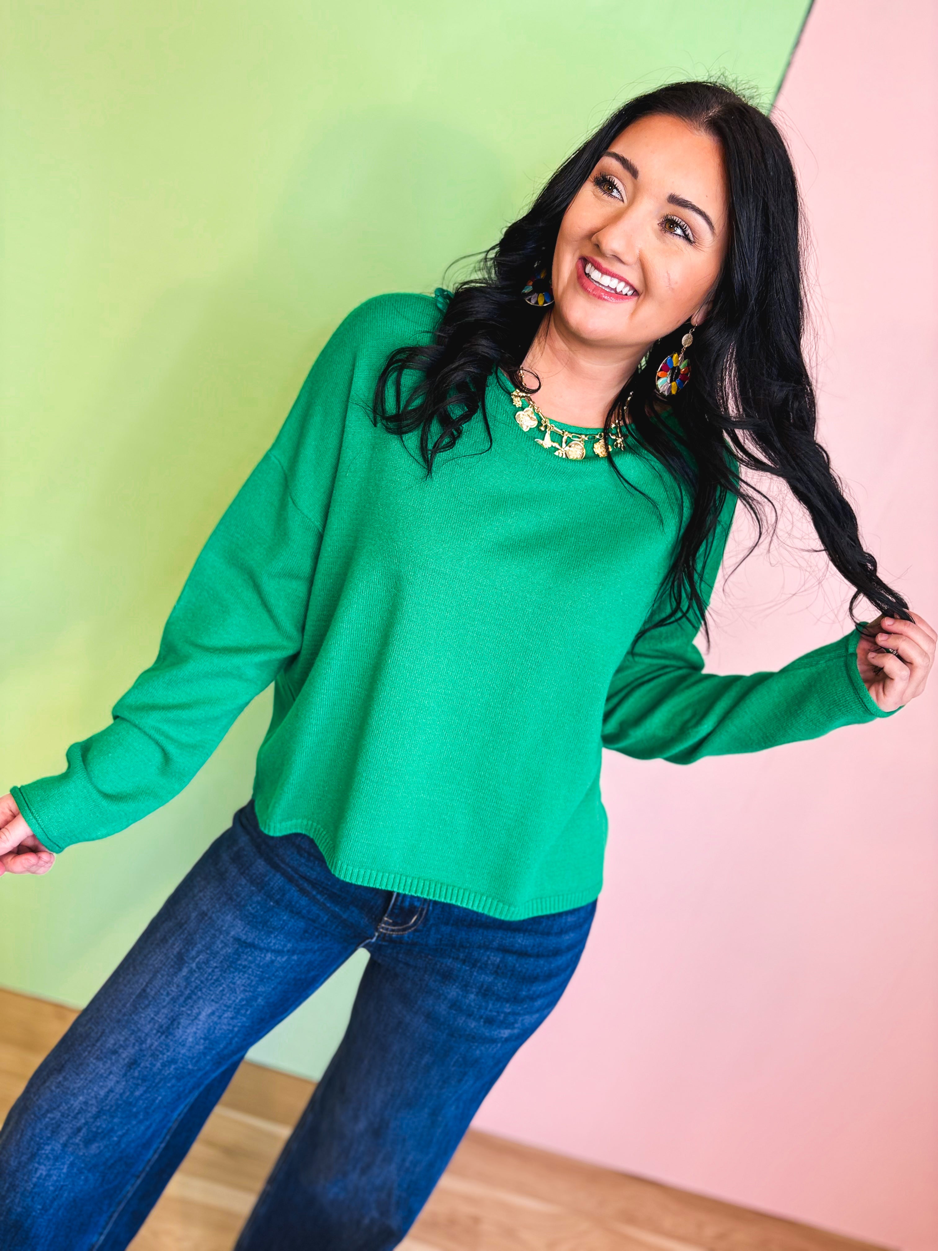 Lightweight Boat Neck Sweater - Green - Lace and Grace Boutique