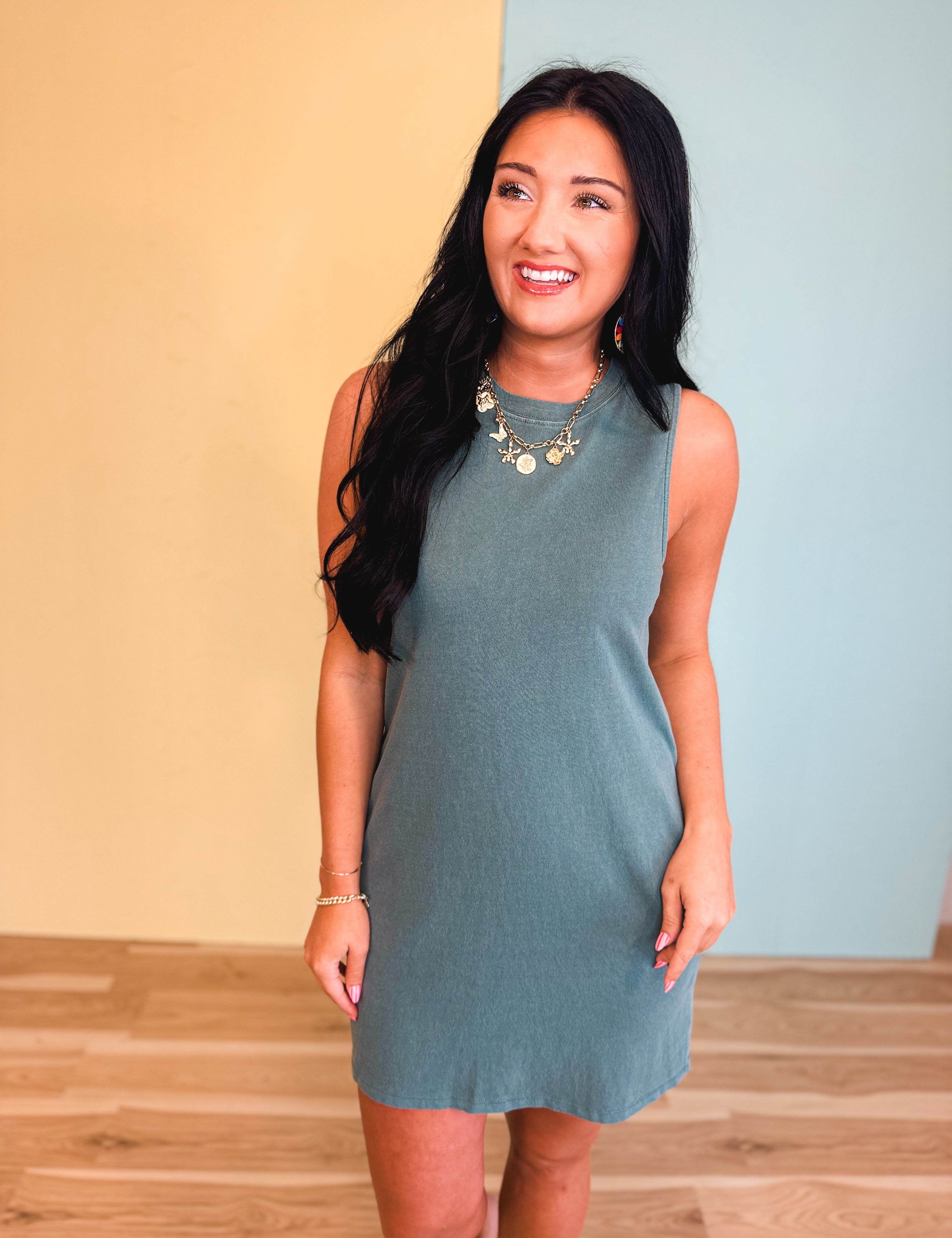 Pigment Dyed Sleeveless Mini Dress - Dark Teal - Lace and Grace Boutique