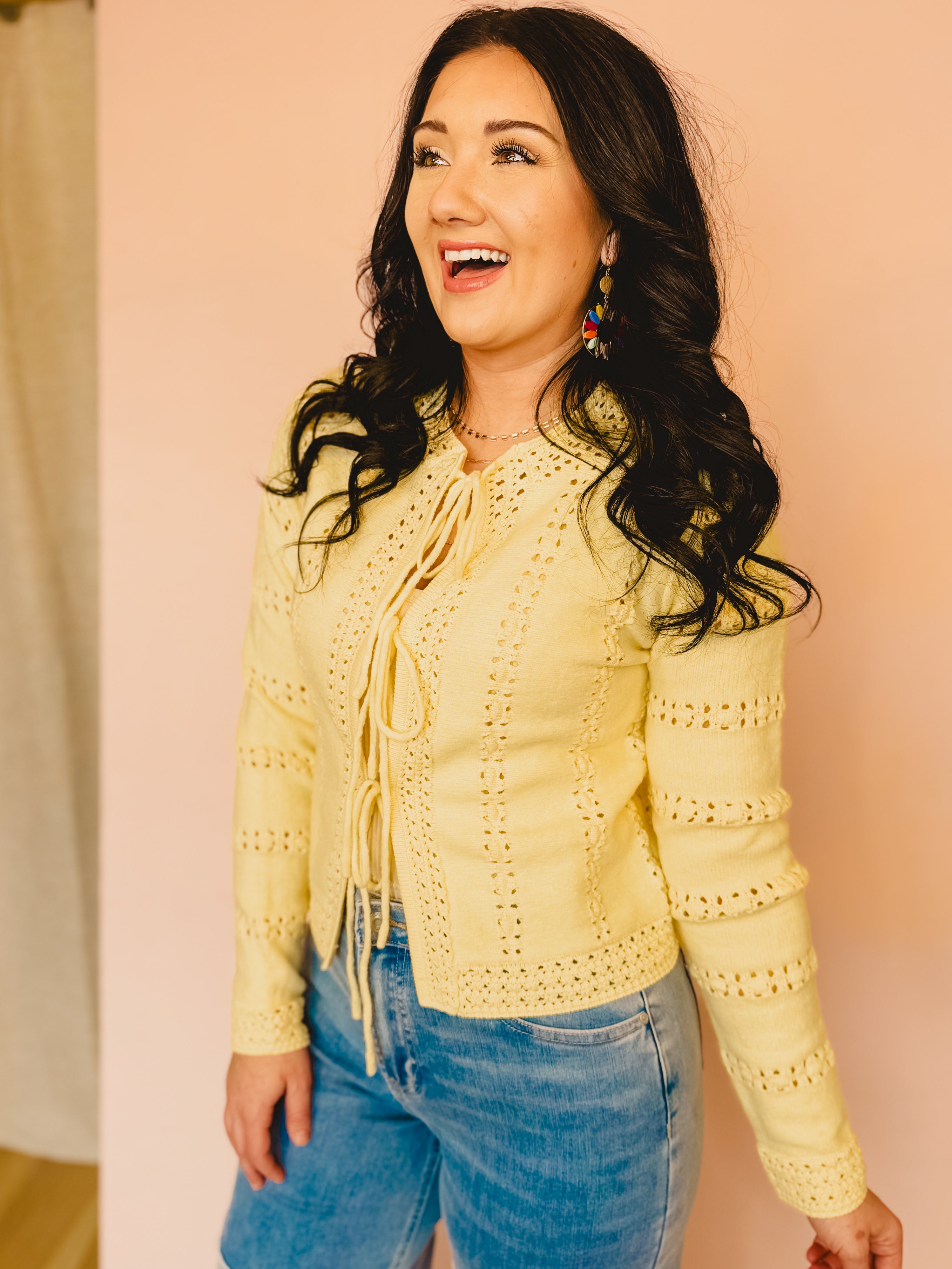 Front Tie Knit Detail Sweater Cardigan - Light Yellow - Lace and Grace Boutique