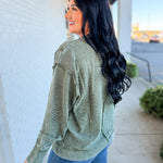 Acid Wash Ribbed Pullover Top - Dark Olive - Lace and Grace Boutique
