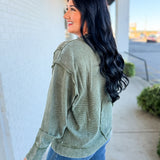 Acid Wash Ribbed Pullover Top - Dark Olive - Lace and Grace Boutique