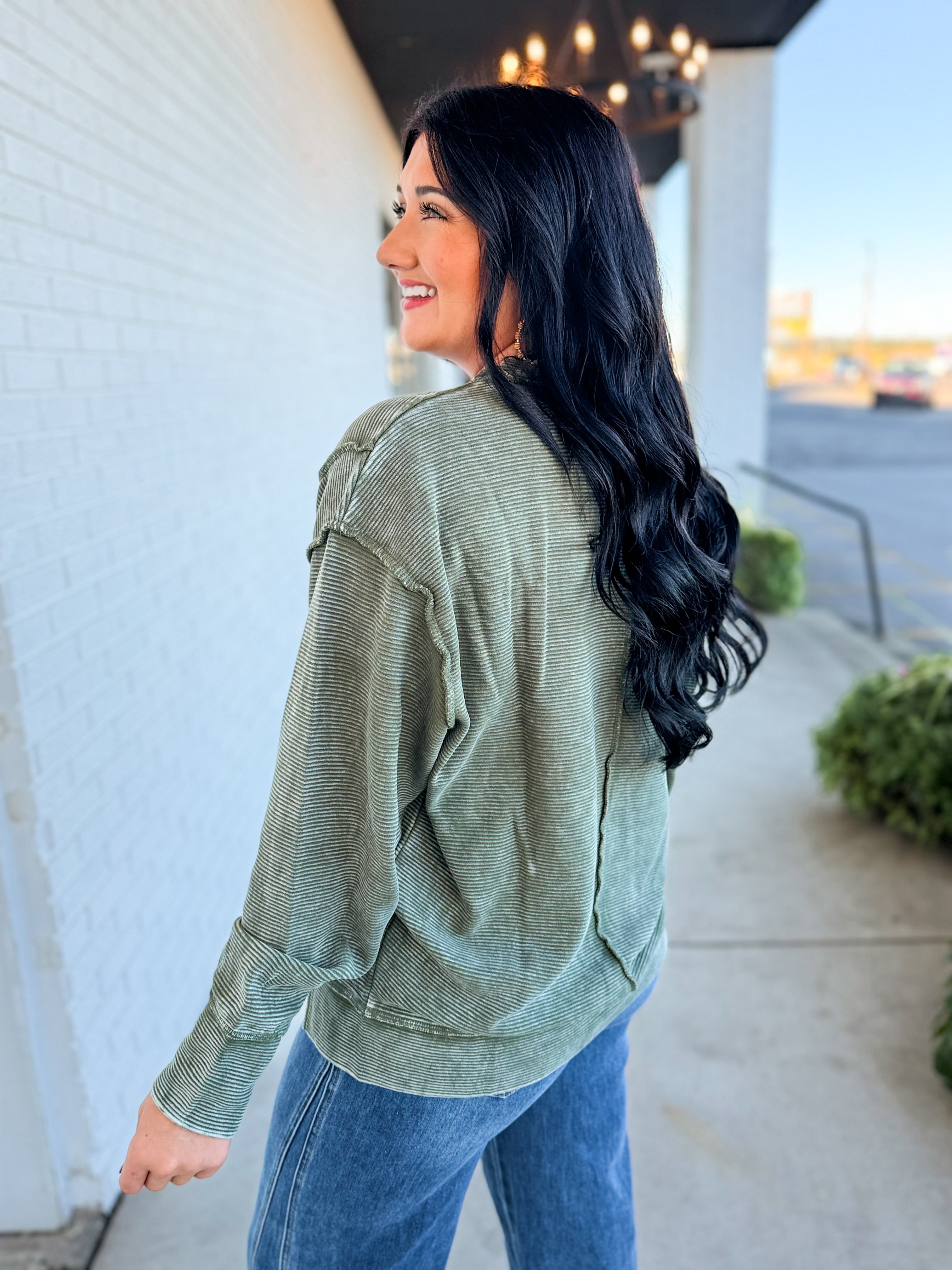 Acid Wash Ribbed Pullover Top - Dark Olive - Lace and Grace Boutique