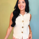 Golden Flower Button Detail Knit Vest - Ivory - Lace and Grace Boutique