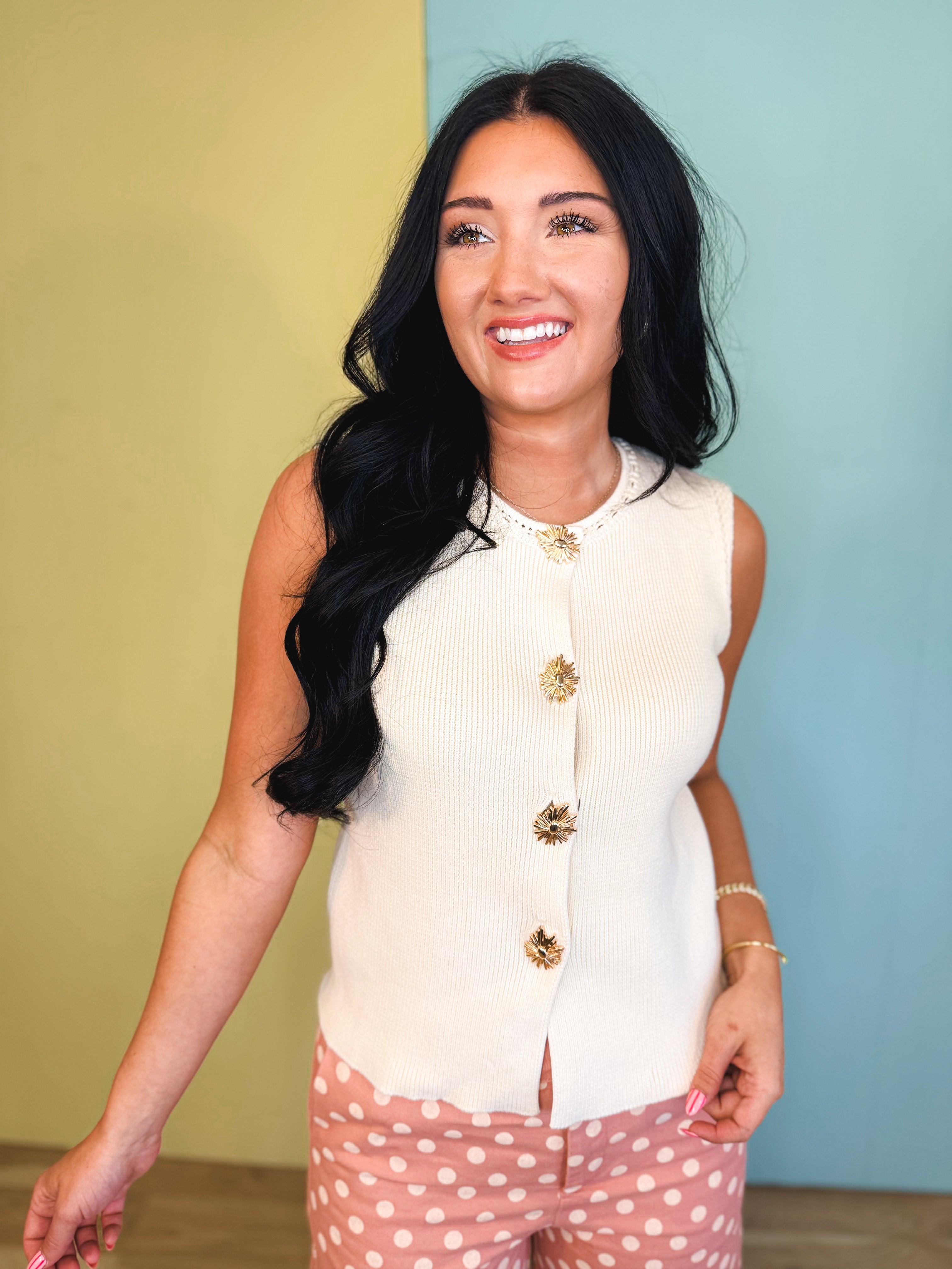 Golden Flower Button Detail Knit Vest - Ivory - Lace and Grace Boutique
