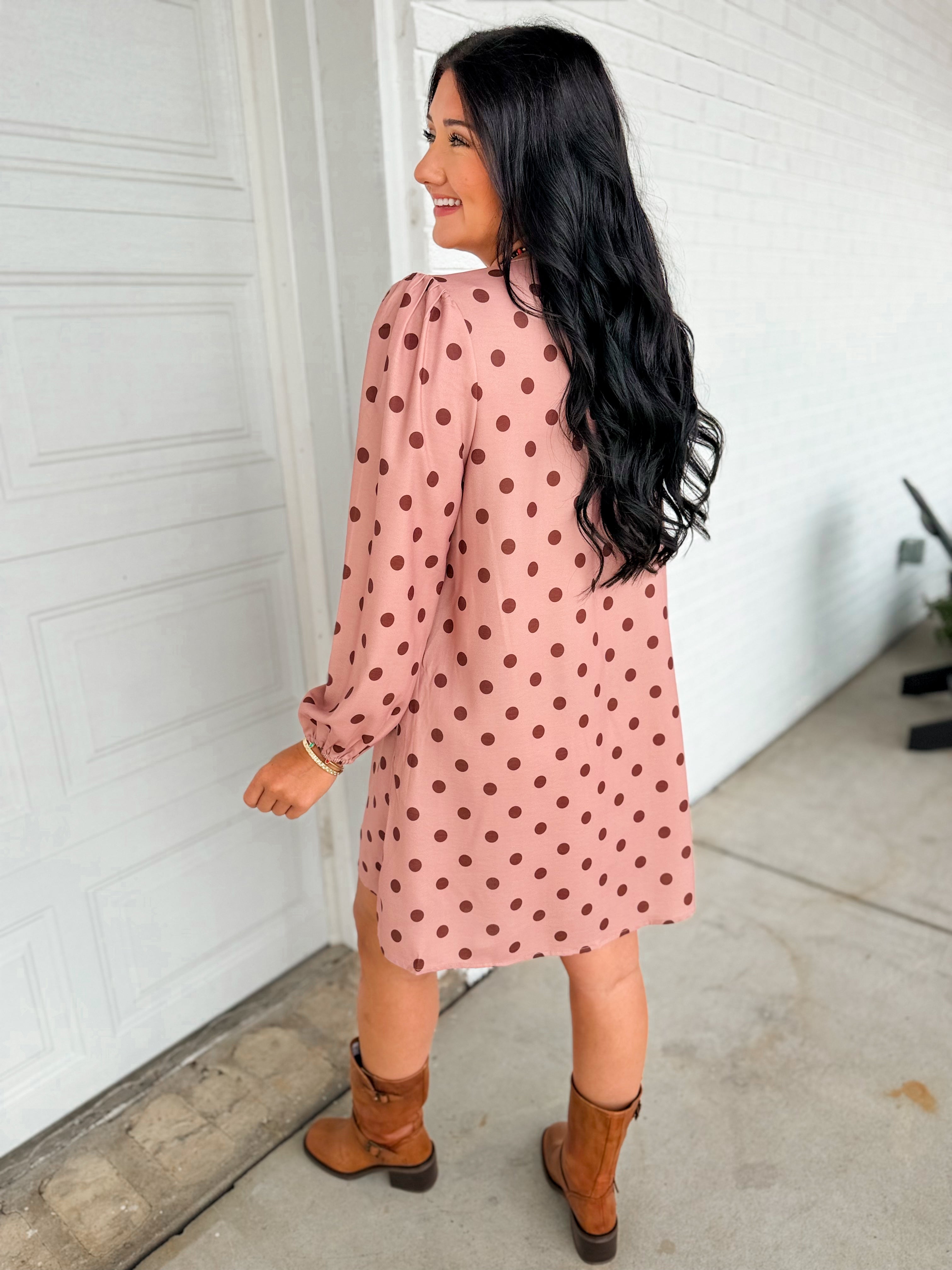 Polka Dot Pleated Long Sleeve Mini Shift Dress - Sienna - Lace and Grace Boutique