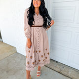 Embroidered Gingham Button Down Belted Maxi Dress - Sepia
