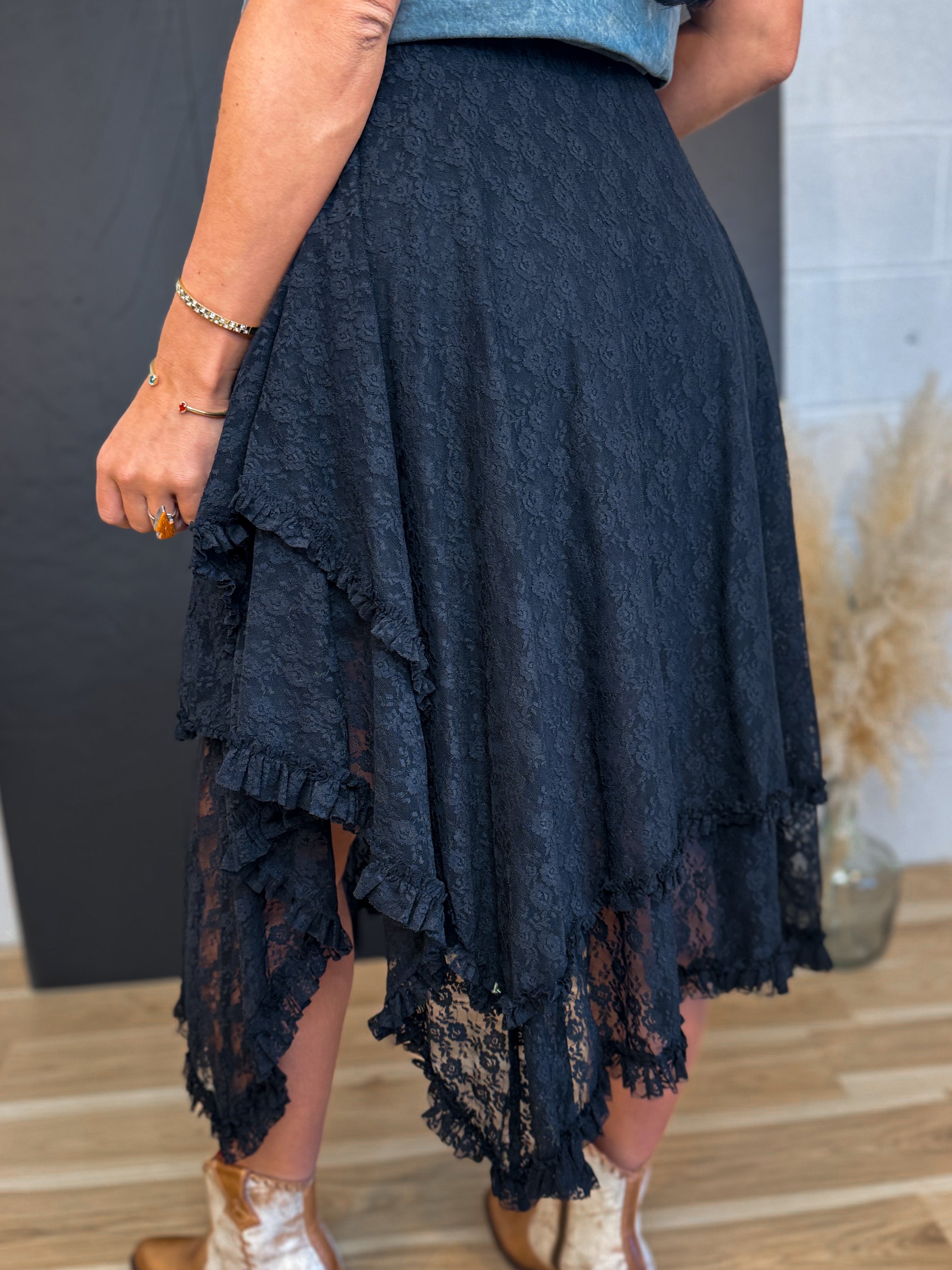 Lace Tier Midi Skirt - Black - Lace and Grace Boutique