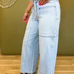 Hidden Drawstring Utility Wide Leg Jeans - Medium Light - Lace and Grace Boutique