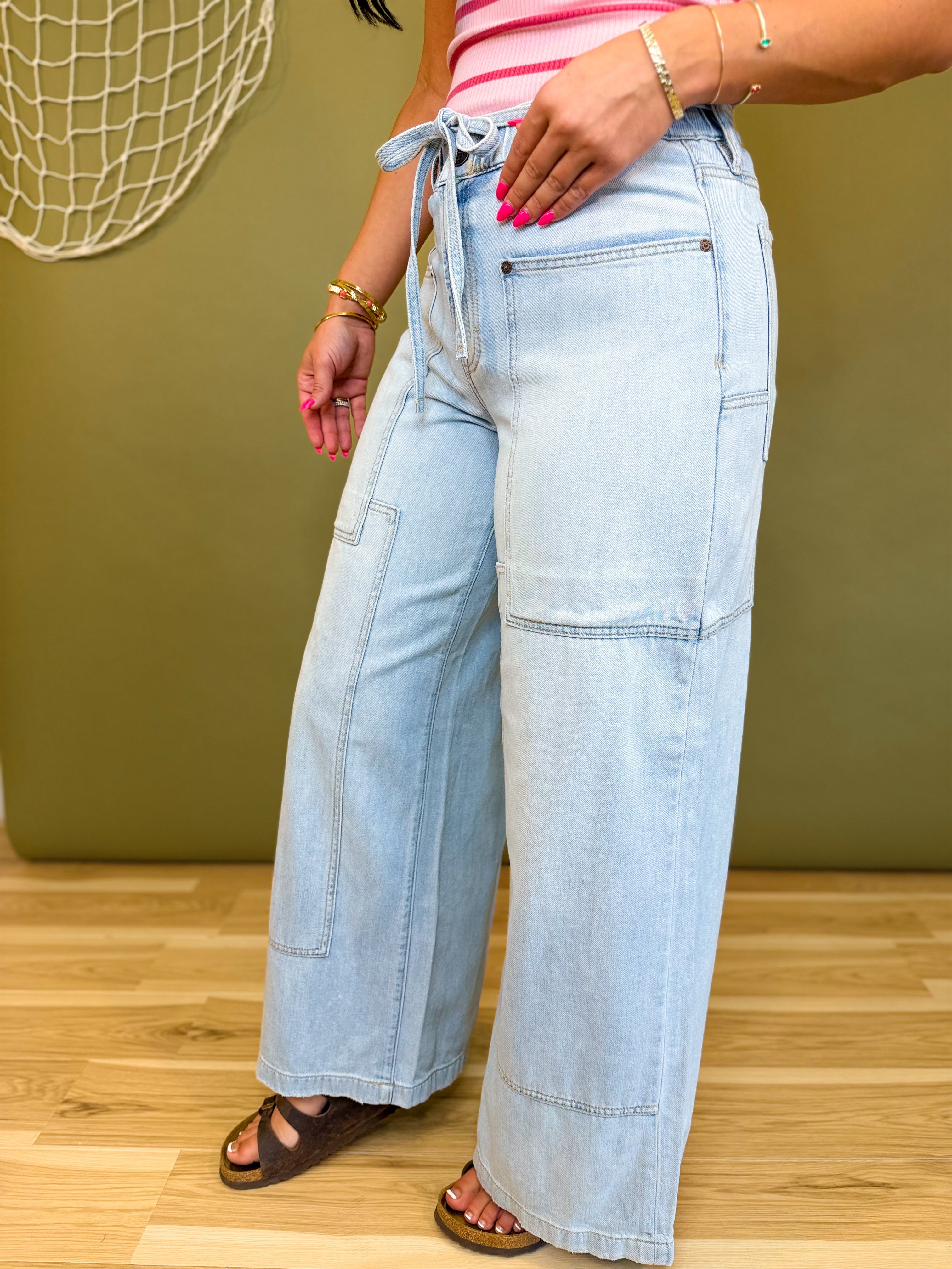 Hidden Drawstring Utility Wide Leg Jeans - Medium Light - Lace and Grace Boutique