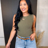 Crochet Ruffle Trim Ribbed Tank Top - Olive