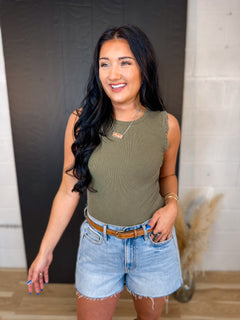 Crochet Ruffle Trim Ribbed Tank Top - Olive - Lace and Grace Boutique