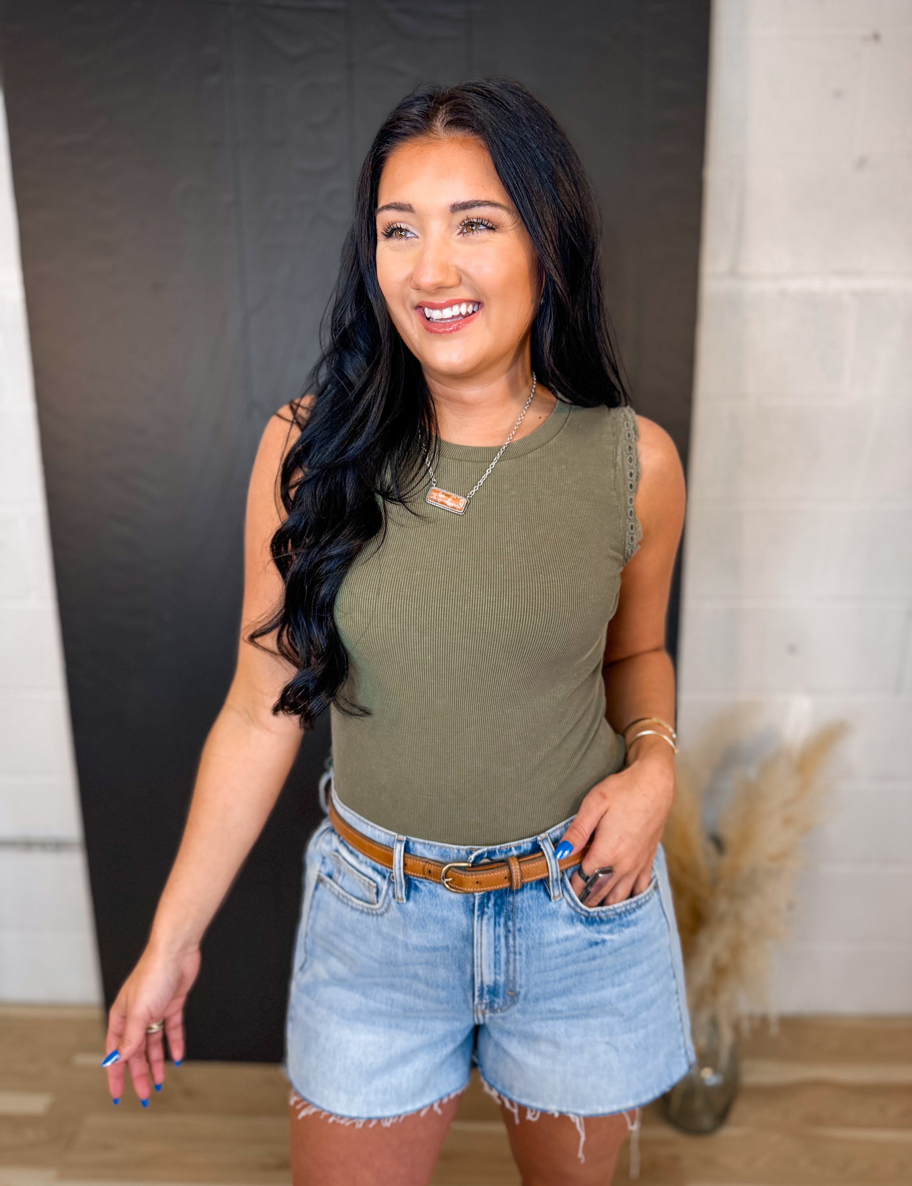 Crochet Ruffle Trim Ribbed Tank Top - Olive - Lace and Grace Boutique