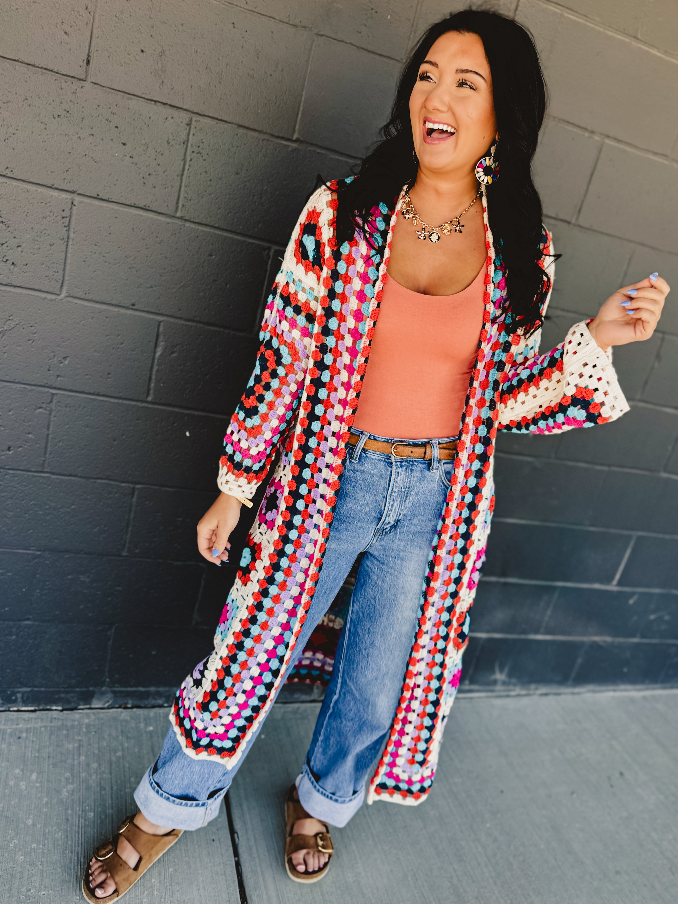 POL Granny Square Crochet Cardigan - Beige Multi - Lace and Grace Boutique