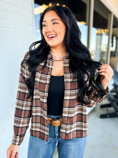 Plaid Printed Soft Button Up Cropped Woven Shirt - Aubrey - Lace and Grace Boutique