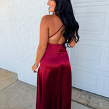 Satin Open Back Padded Maxi Dress - Sangria