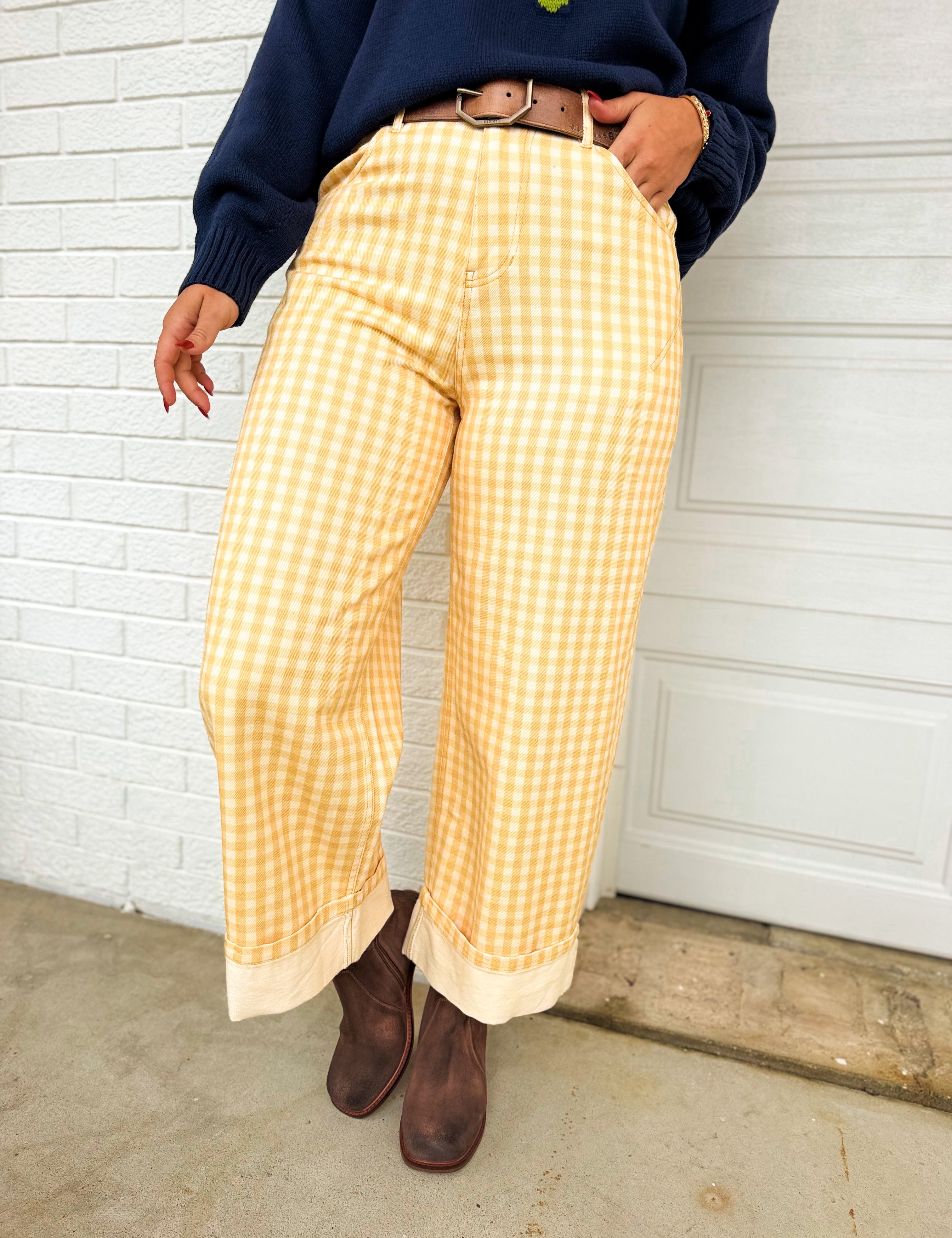Gingham Printed Rolled Up Barrel Pants - Light Yellow - Lace and Grace Boutique
