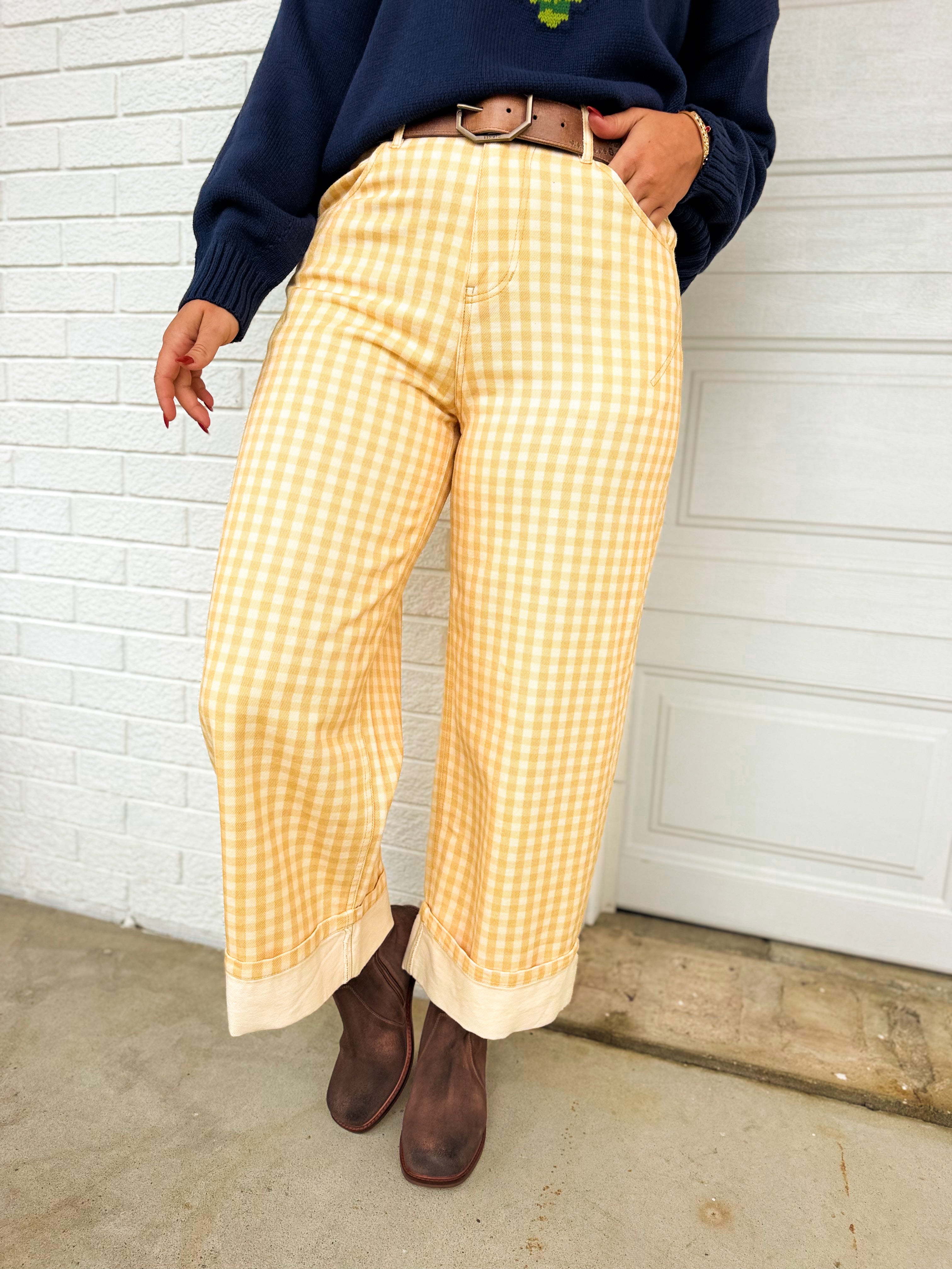 Gingham Printed Rolled Up Barrel Pants - Light Yellow - Lace and Grace Boutique