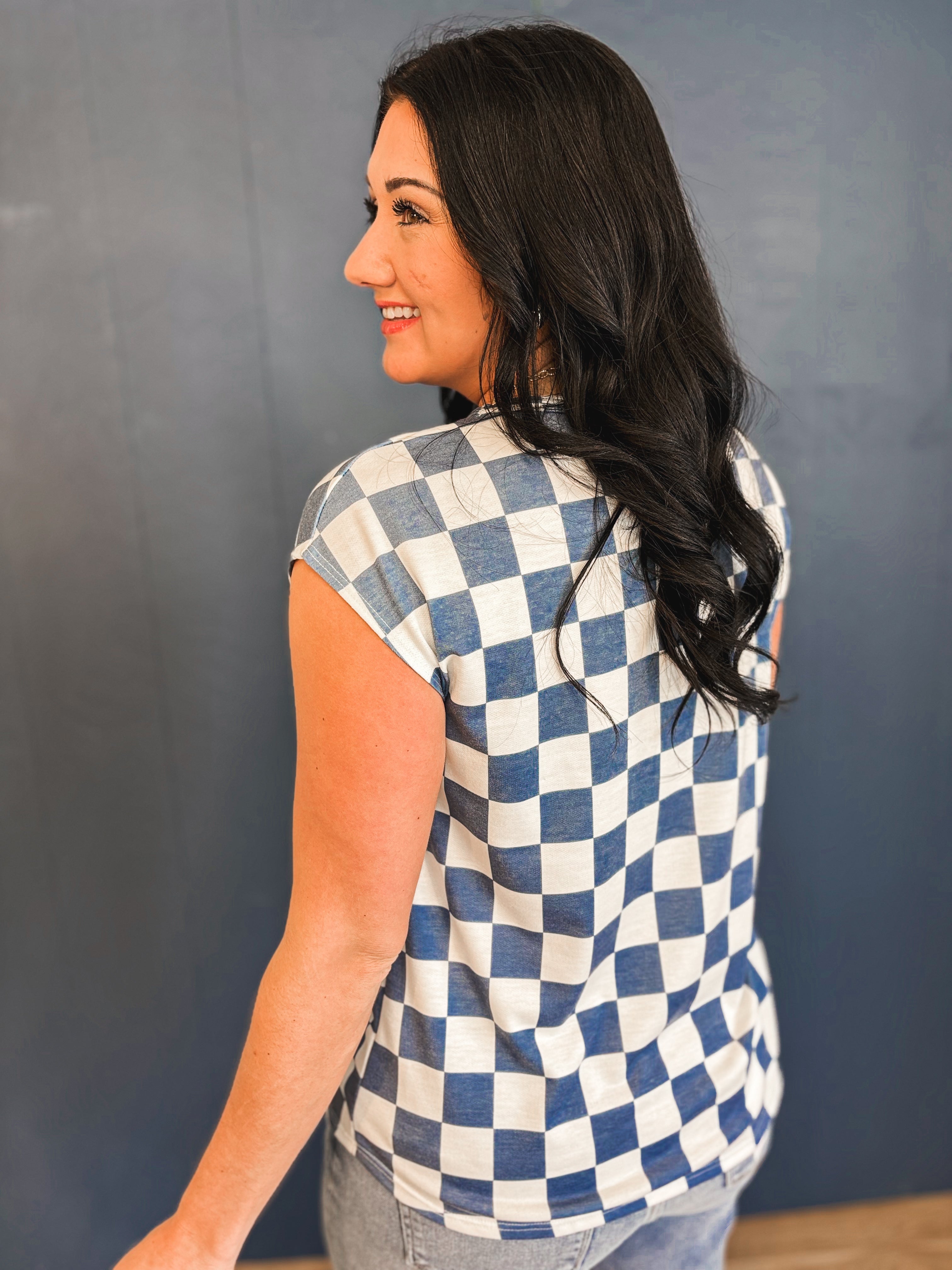 Checkered Print Casual Knit Top - Denim Blue - Lace and Grace Boutique