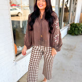 Embroidered Quilt Star Patch Crinkled Blouse - Chocolate
