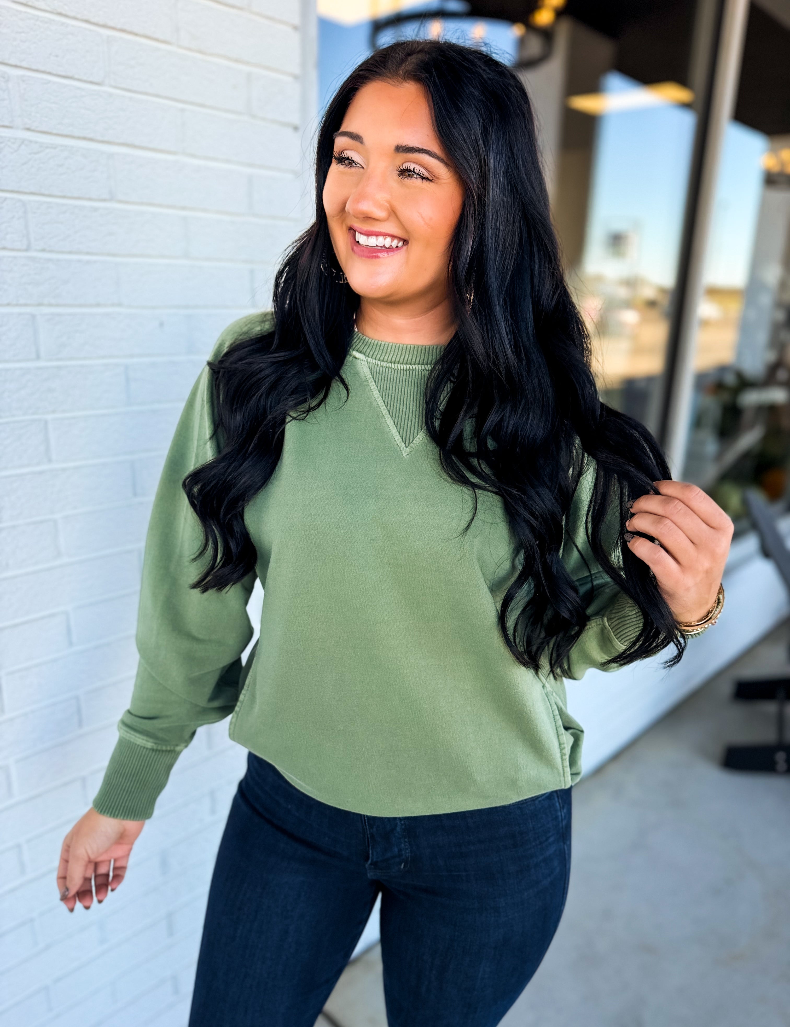 Pigment Dyed French Terry Pullover - Light Olive - Lace and Grace Boutique
