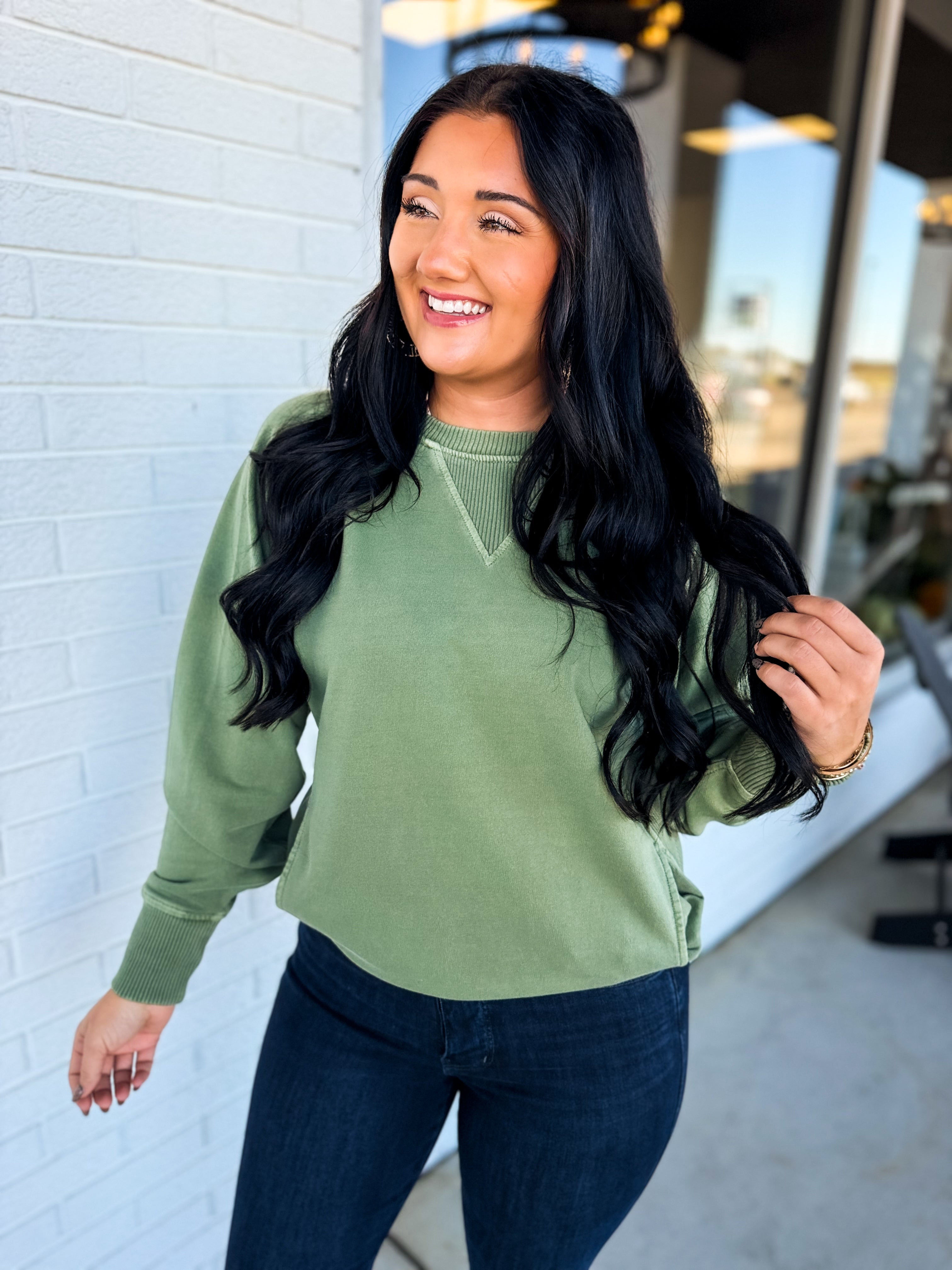 Pigment Dyed French Terry Pullover - Light Olive - Lace and Grace Boutique