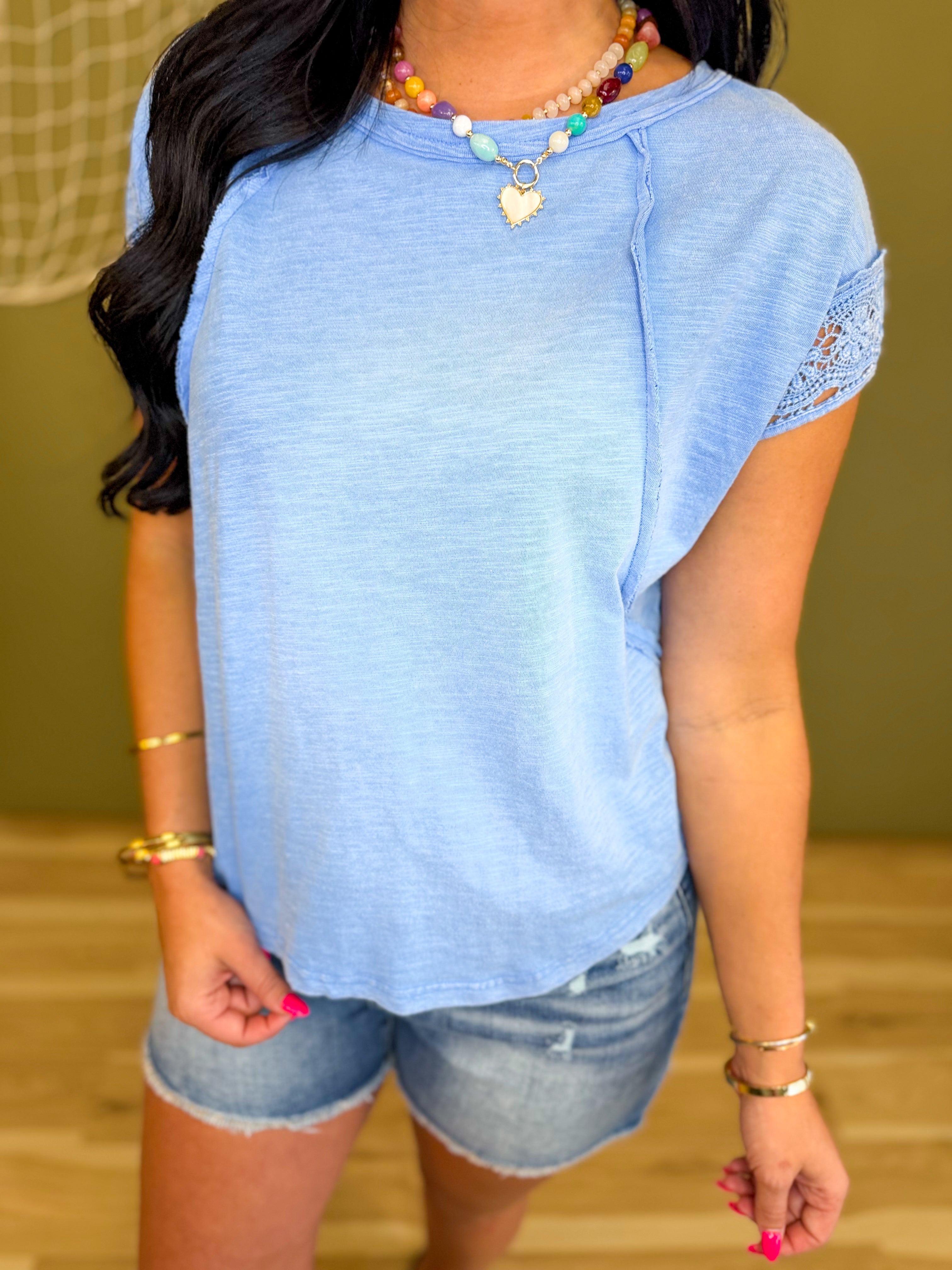 Crochet Sleeve Detail Mineral Washed Top - Blue - Lace and Grace Boutique
