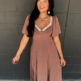 Flutter Sleeve Polka Dot Midi Dress - Latte