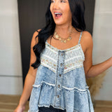 POL Lace Patch Vintage Wash Denim Tank Top