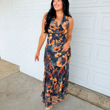 Floral Printed Chiffon Halter Maxi Dress - Midnight Teal