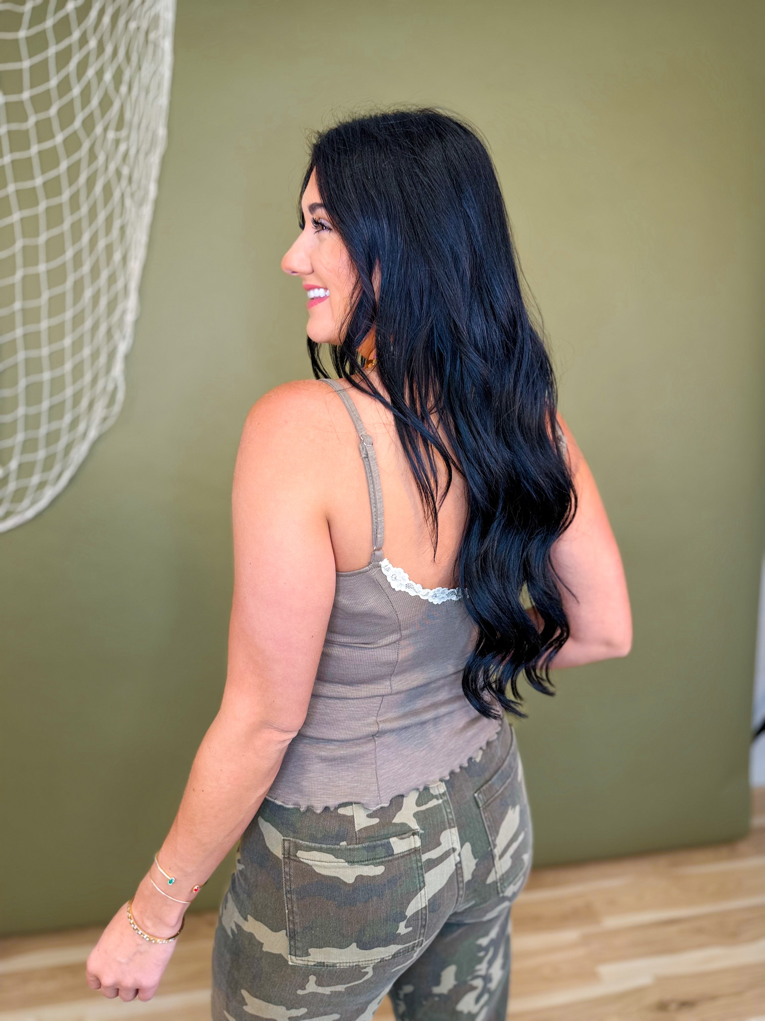 Lace Detail V-Neck Cami Tank Top - Olive - Lace and Grace Boutique