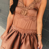 Satin Slip Lace Trim Babydoll Mini Dress - Mocha