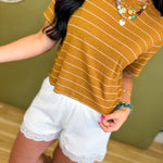 Striped Cotton Linen Short Sleeve Top - Camel/White - Lace and Grace Boutique