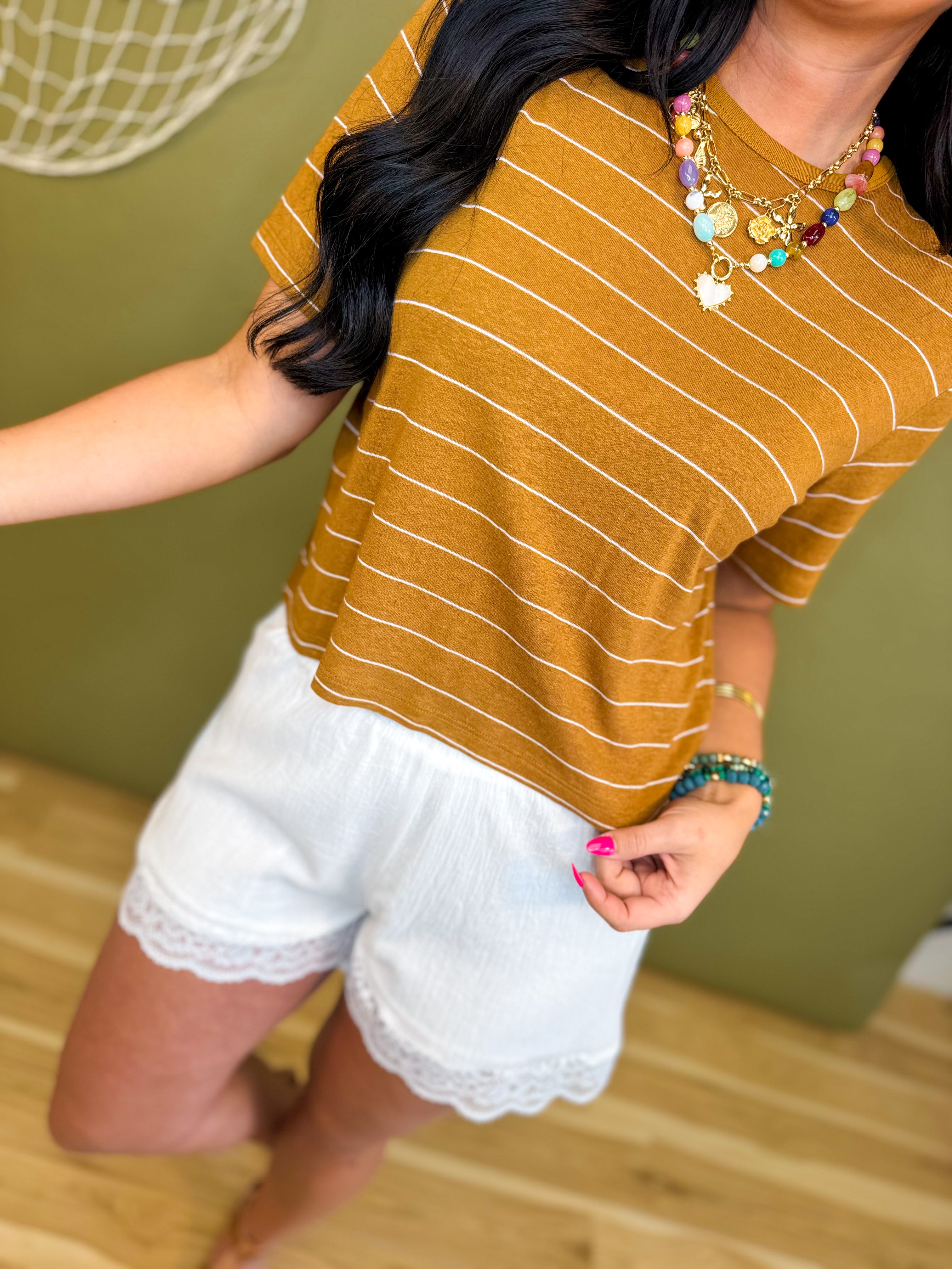 Striped Cotton Linen Short Sleeve Top - Camel/White - Lace and Grace Boutique