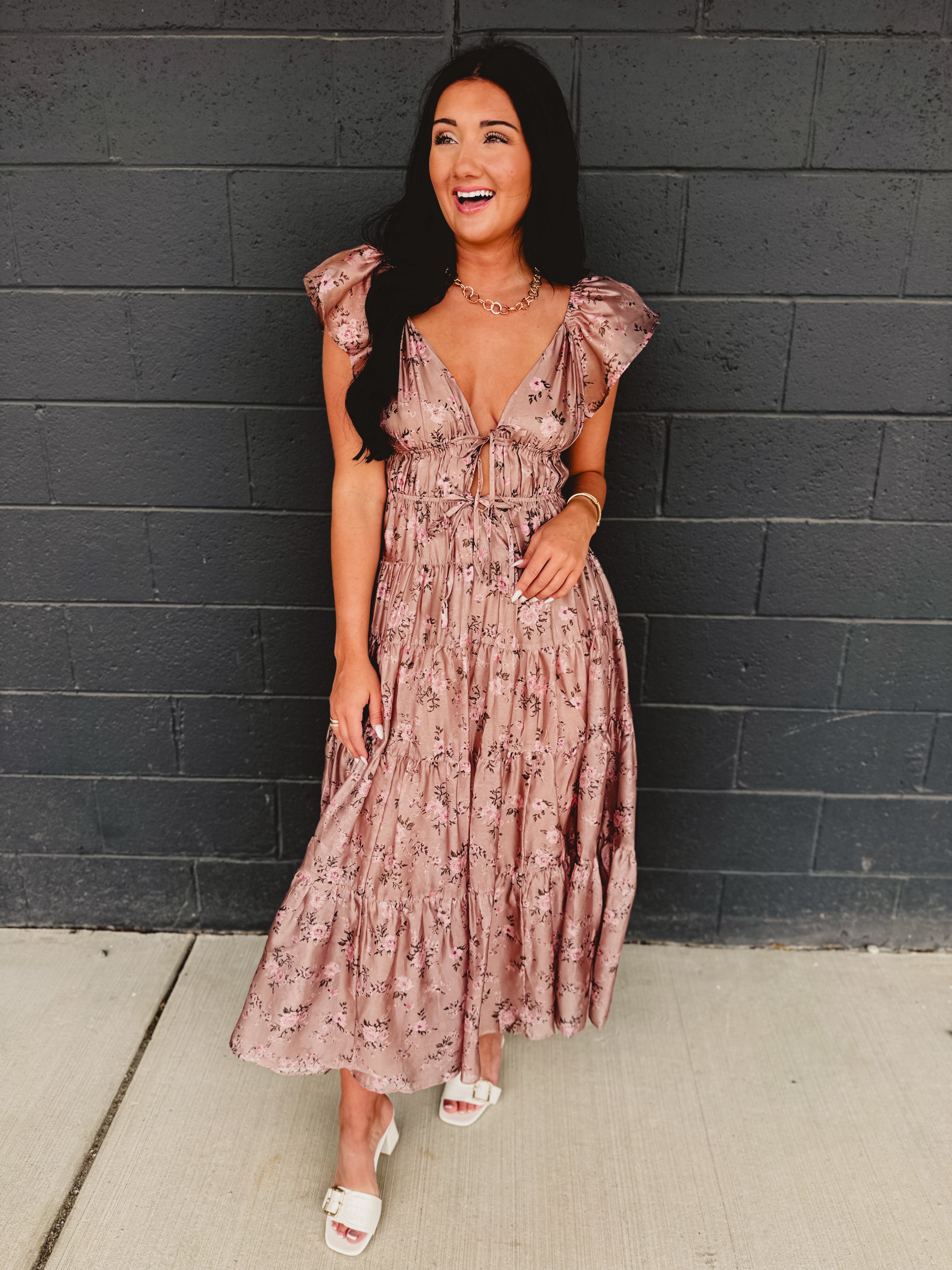 Floral Front Tie Tiered Midi Dress - Mauve - Lace and Grace Boutique