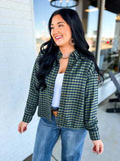 Plaid Printed Soft Button Up Cropped Woven Shirt - Ember - Lace and Grace Boutique