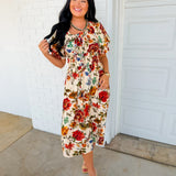 Autumn Blooms Floral Smocked Midi Dress - Ivory