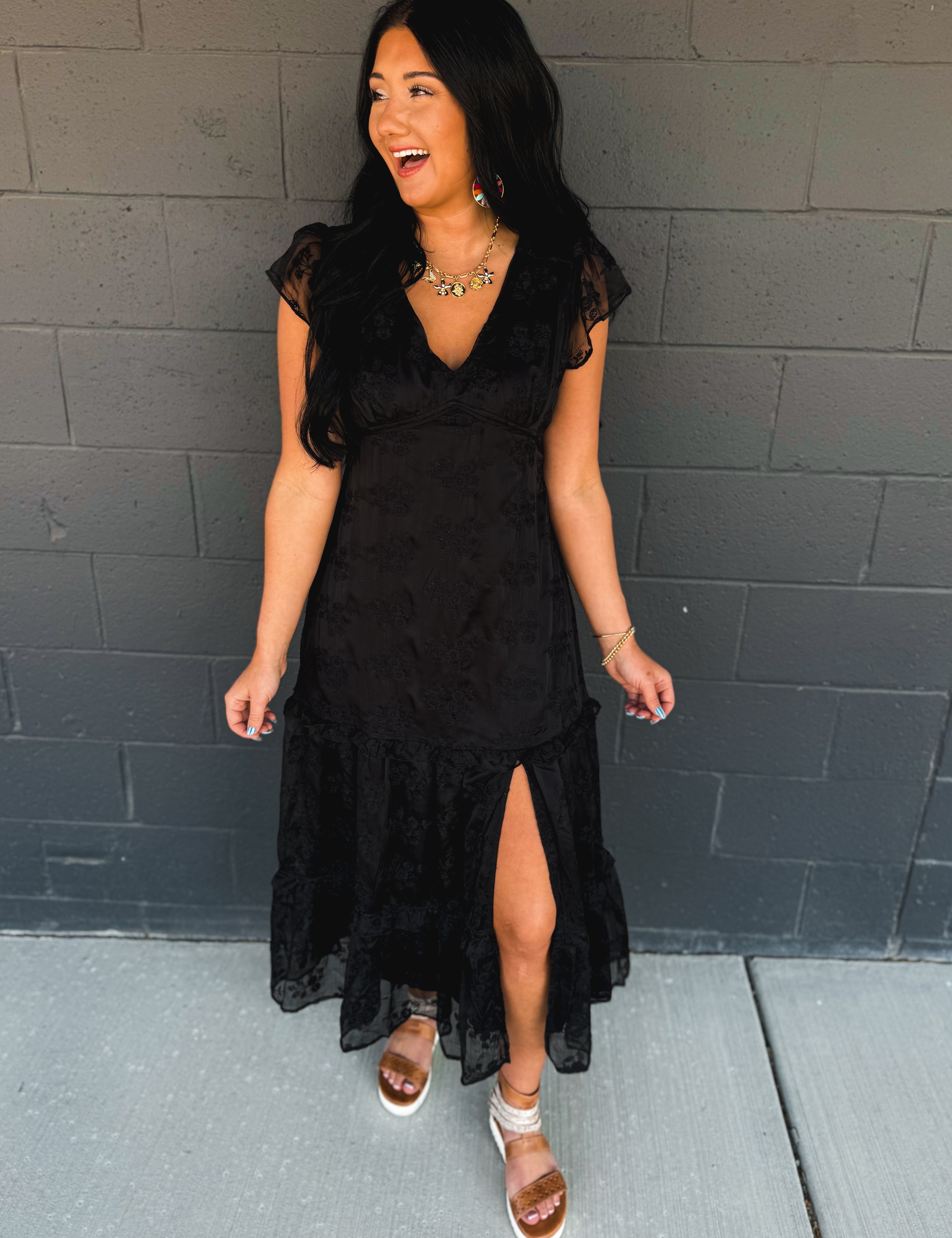 Floral Lace Embroidered Tiered Maxi Dress - Black - Lace and Grace Boutique