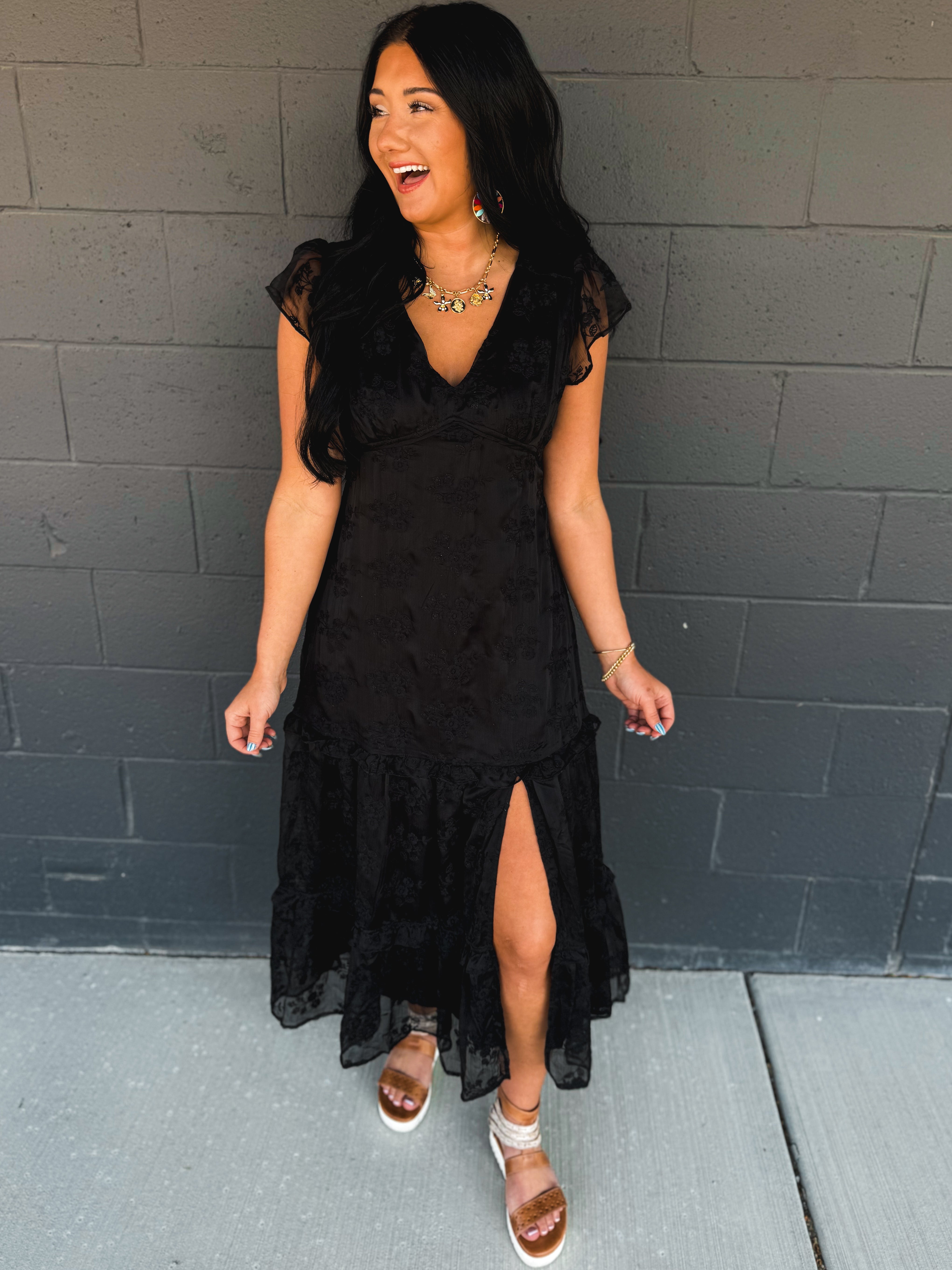 Floral Lace Embroidered Tiered Maxi Dress - Black - Lace and Grace Boutique