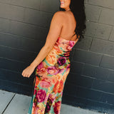 Strapless Bias Cut Satin Maxi Dress - Parisian Floral - Lace and Grace Boutique