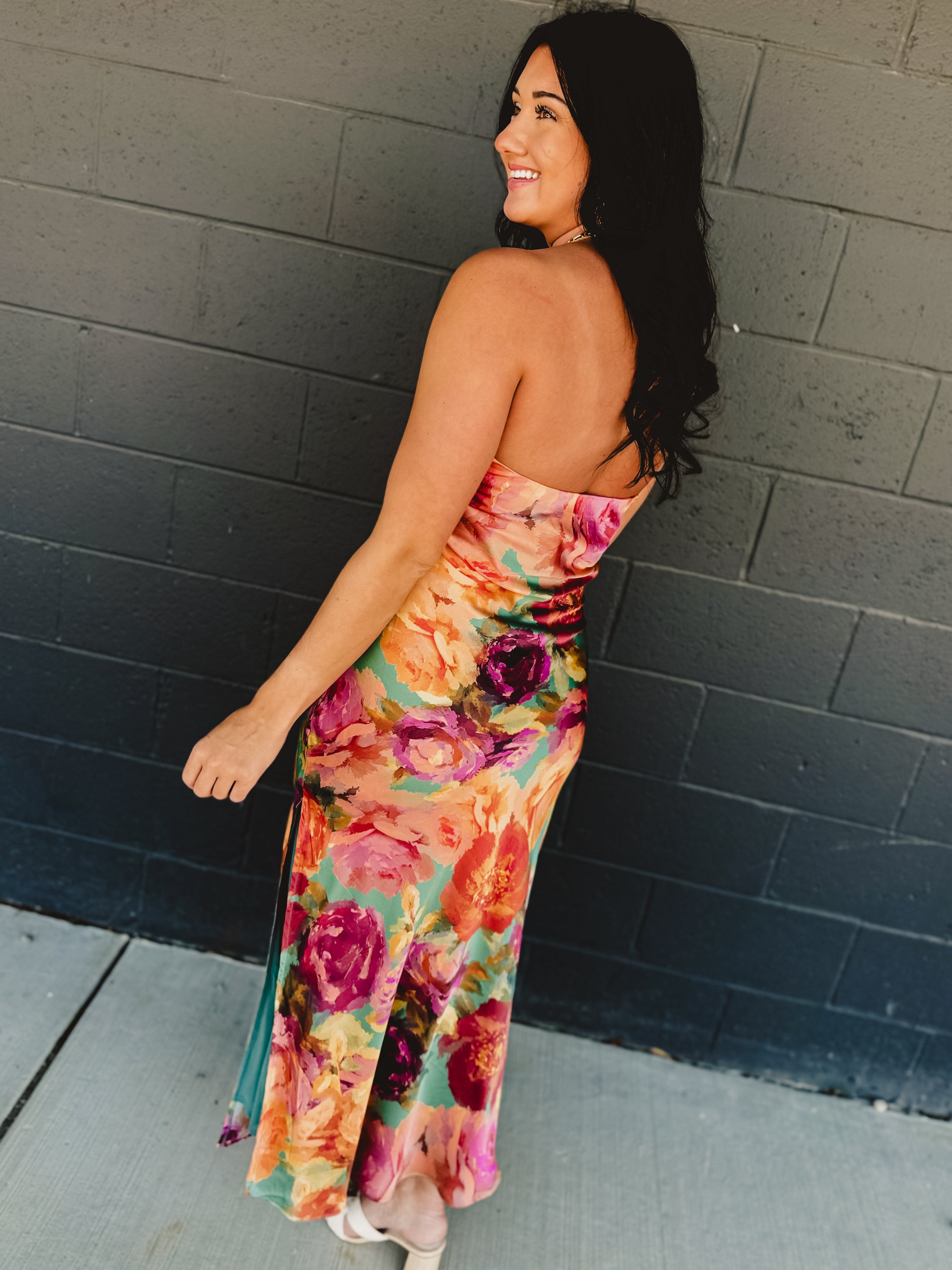 Strapless Bias Cut Satin Maxi Dress - Parisian Floral - Lace and Grace Boutique