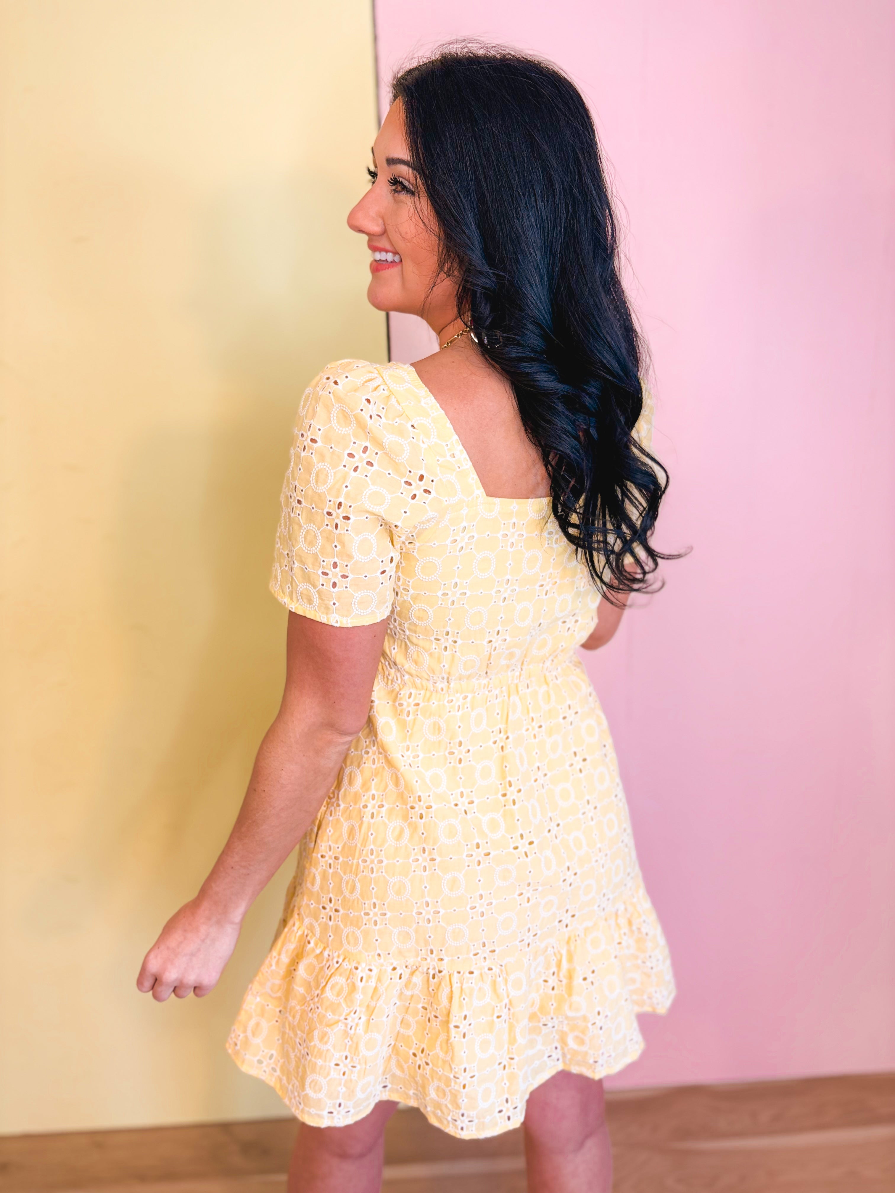 Eyelet Embroidered Shift Mini Dress - Sunwashed Lemon - Lace and Grace Boutique