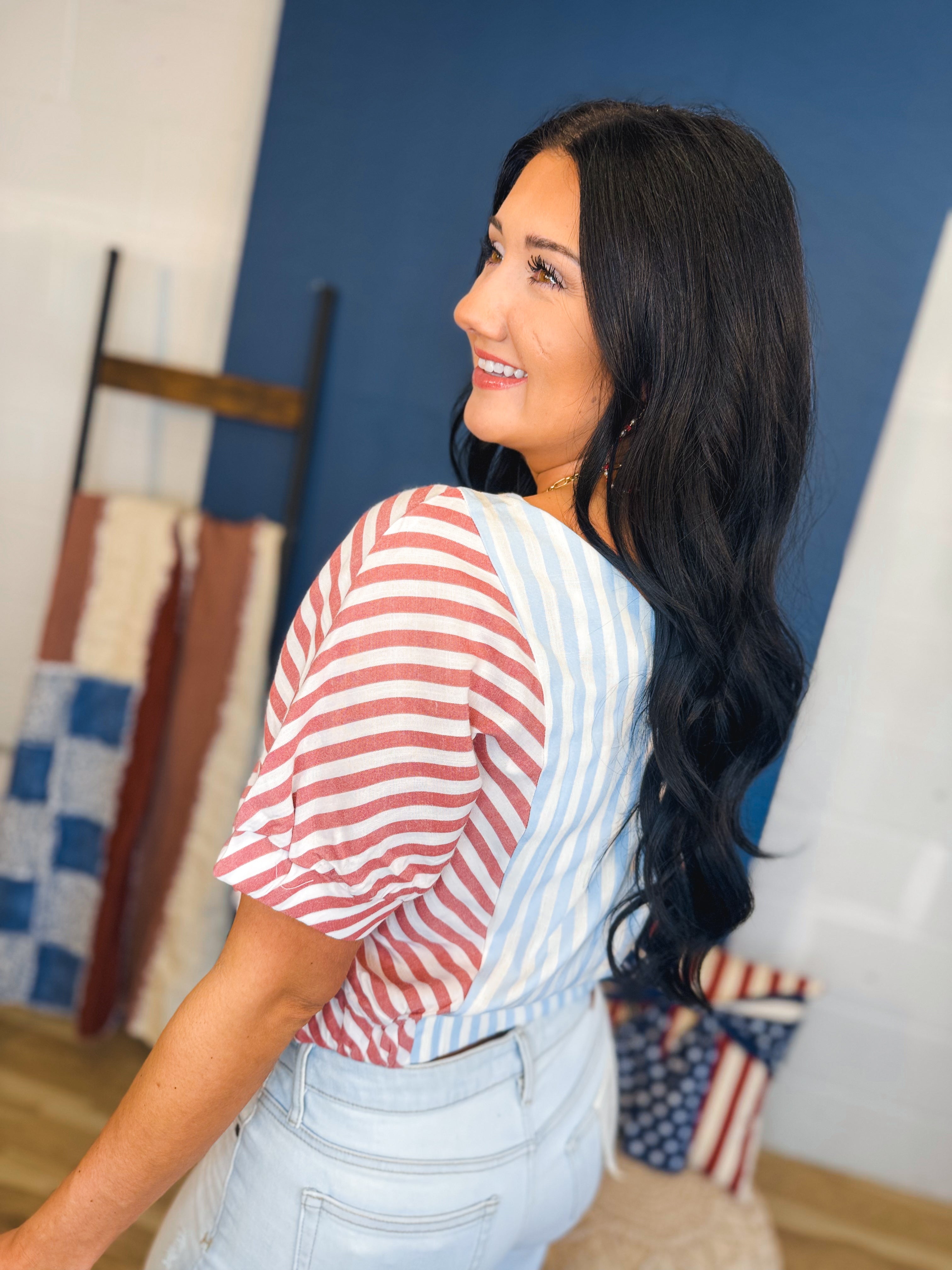 Striped Color Block Blouse - Red/White/Blue - Lace and Grace Boutique