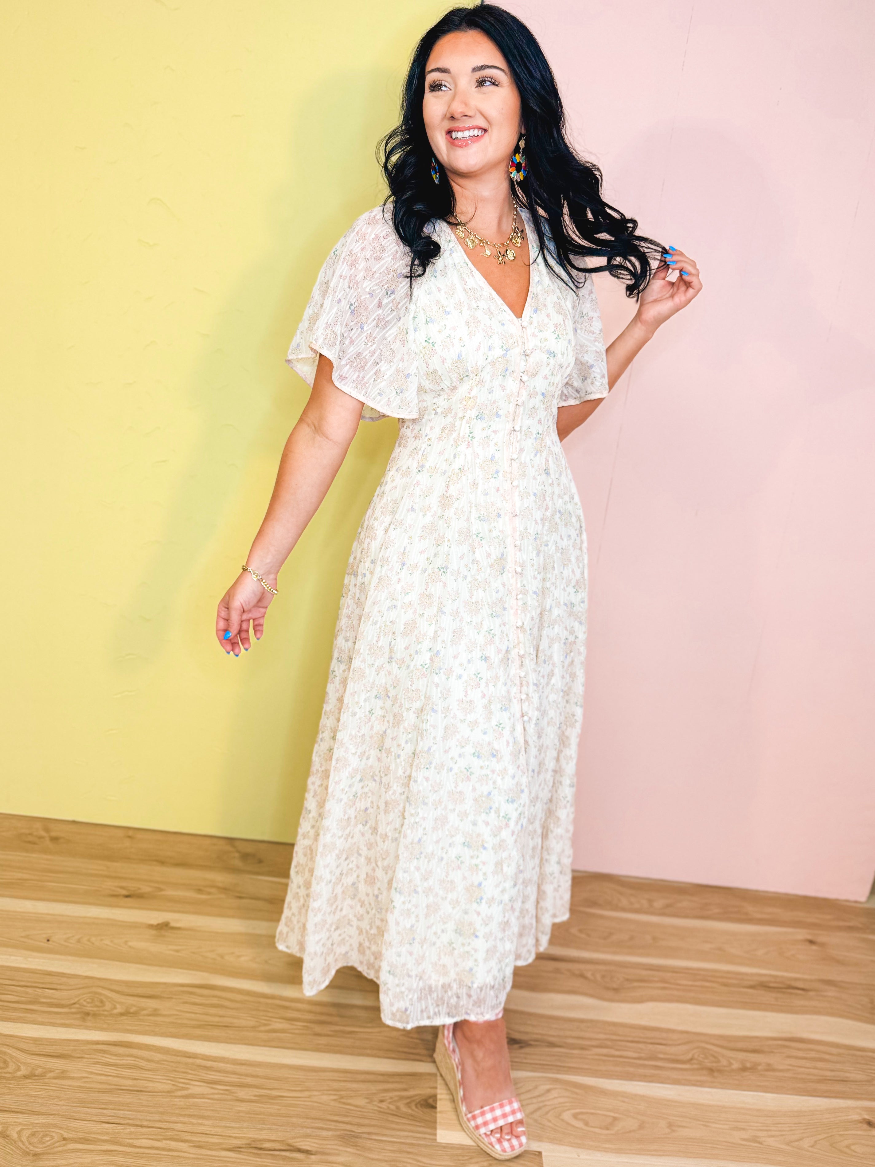 Flowy Flutter Sleeve Maxi Dress - Vintage Cream - Lace and Grace Boutique