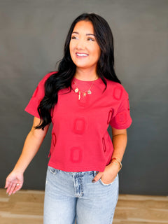 Ohio State Embroidered Logo Cropped Tee - Red - Lace and Grace Boutique