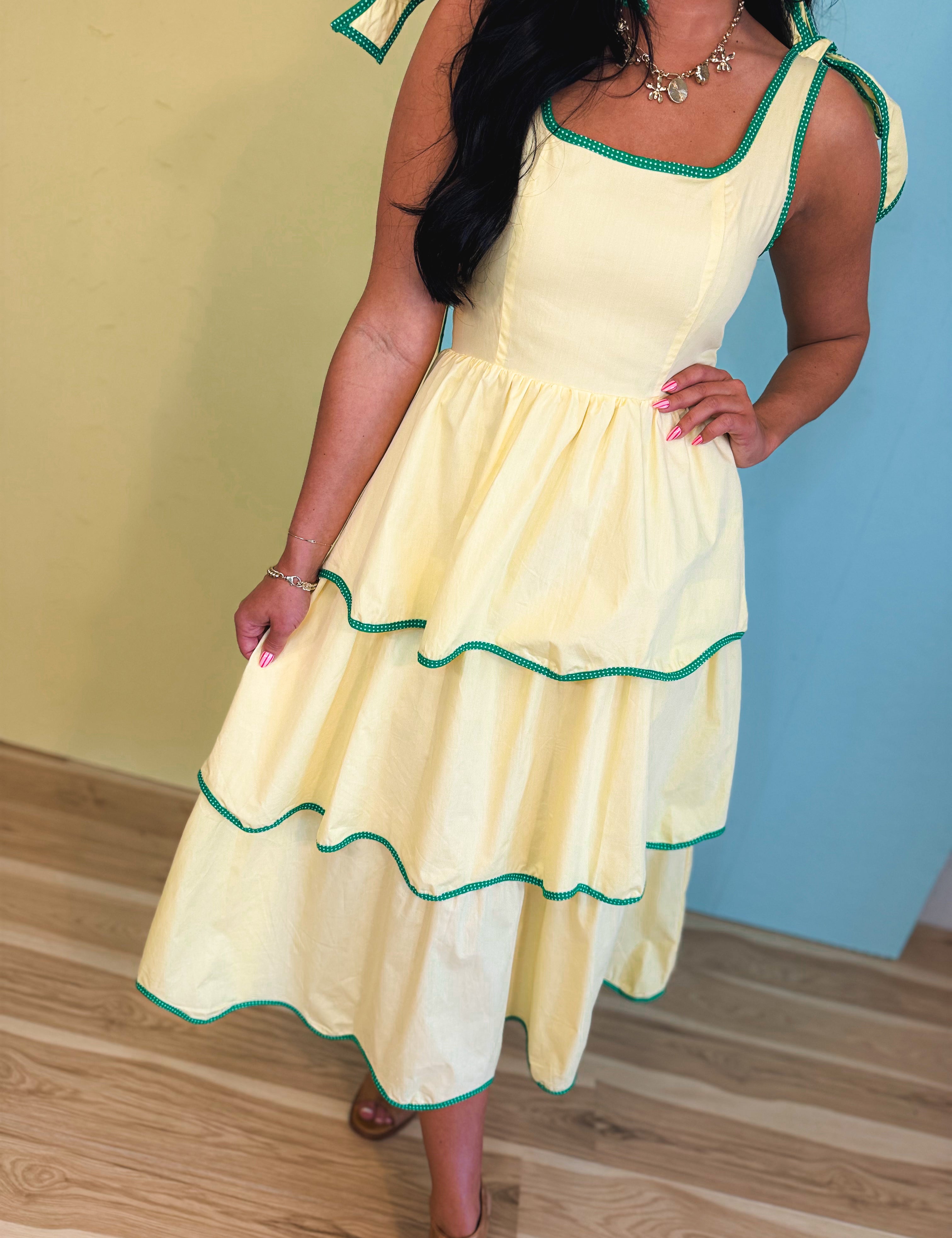 Contrast Binding Tiered Midi Dress - Lemon Cream - Lace and Grace Boutique